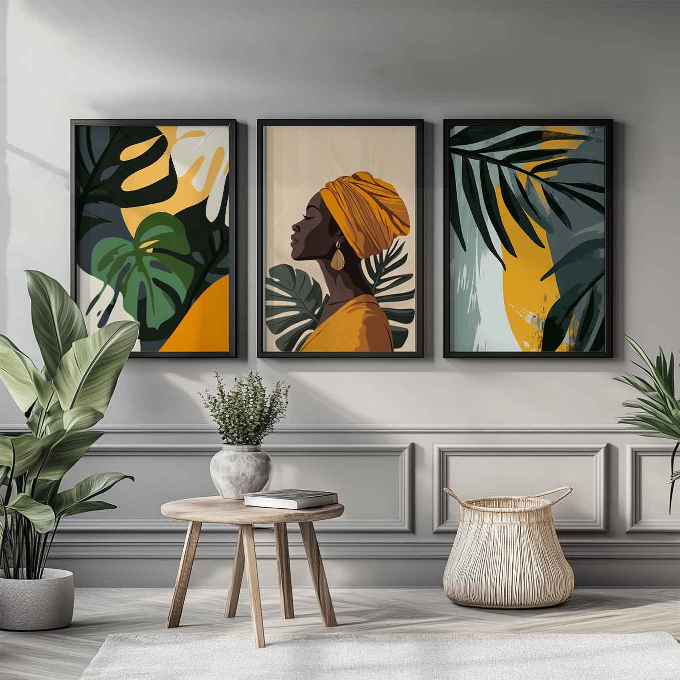 Golden Tropical Goddess Wall Art - Set of 3 Framed Prints | Elegant Afrocentric Woman & Botanical Leaves Illustration for Home Decor