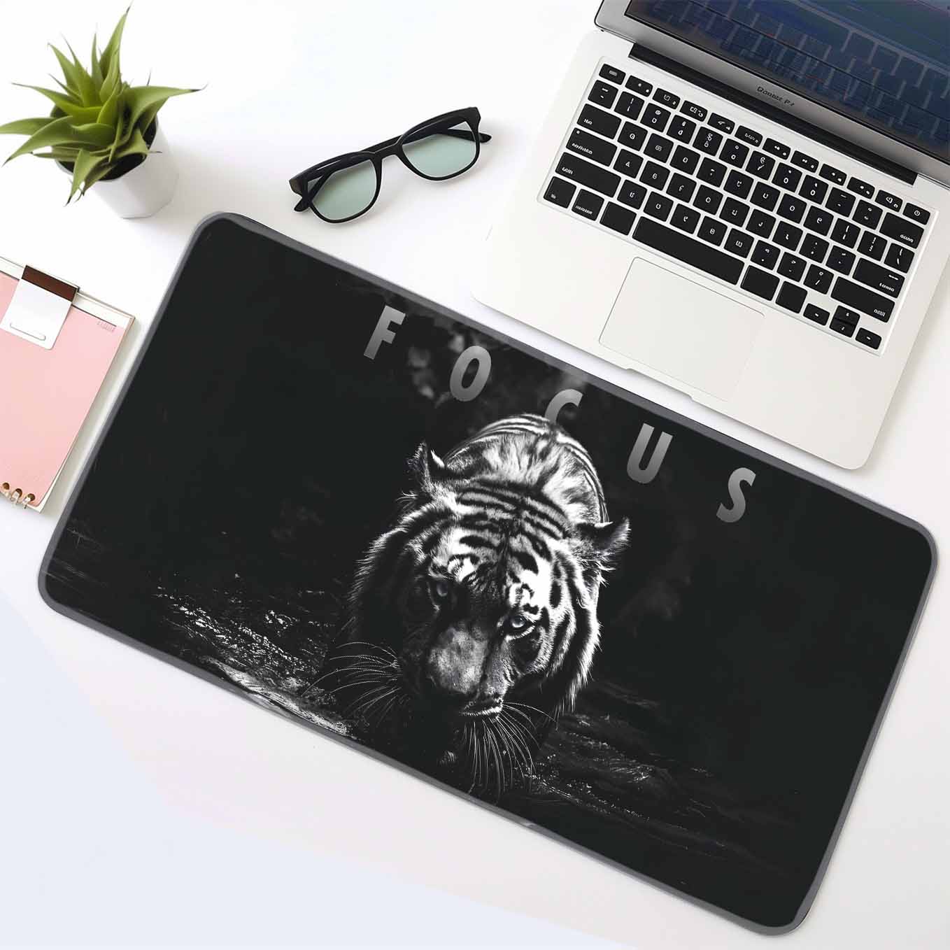 Focus Motivational Tiger Deskpad 23x11 Inches – Bold Black Animal Art for Office and Gaming Setup