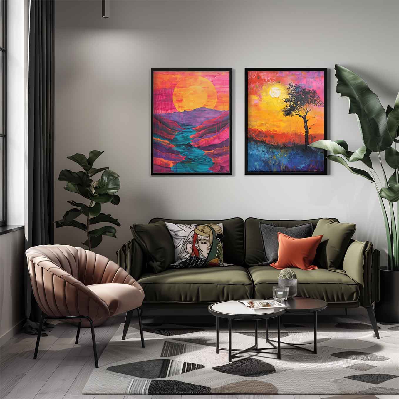 Sunset Bliss Abstract Landscape Prints - Set of 2 Framed Art | Bold & Colorful Nature-Inspired Decor