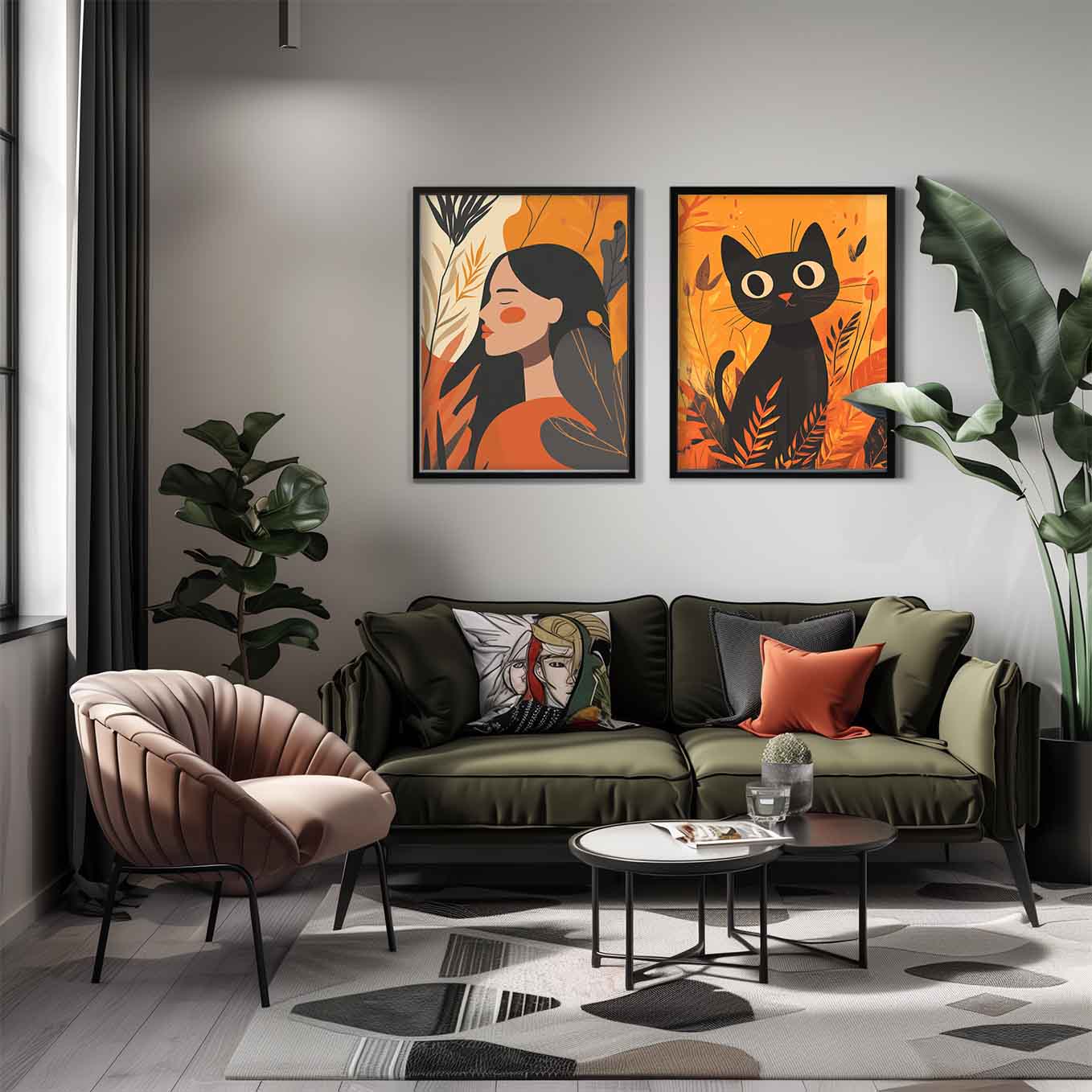 Autumn Whimsy Illustration - Woman & Black Cat Art Prints | Cozy Fall Decor for Living Room, Bedroom & Office
