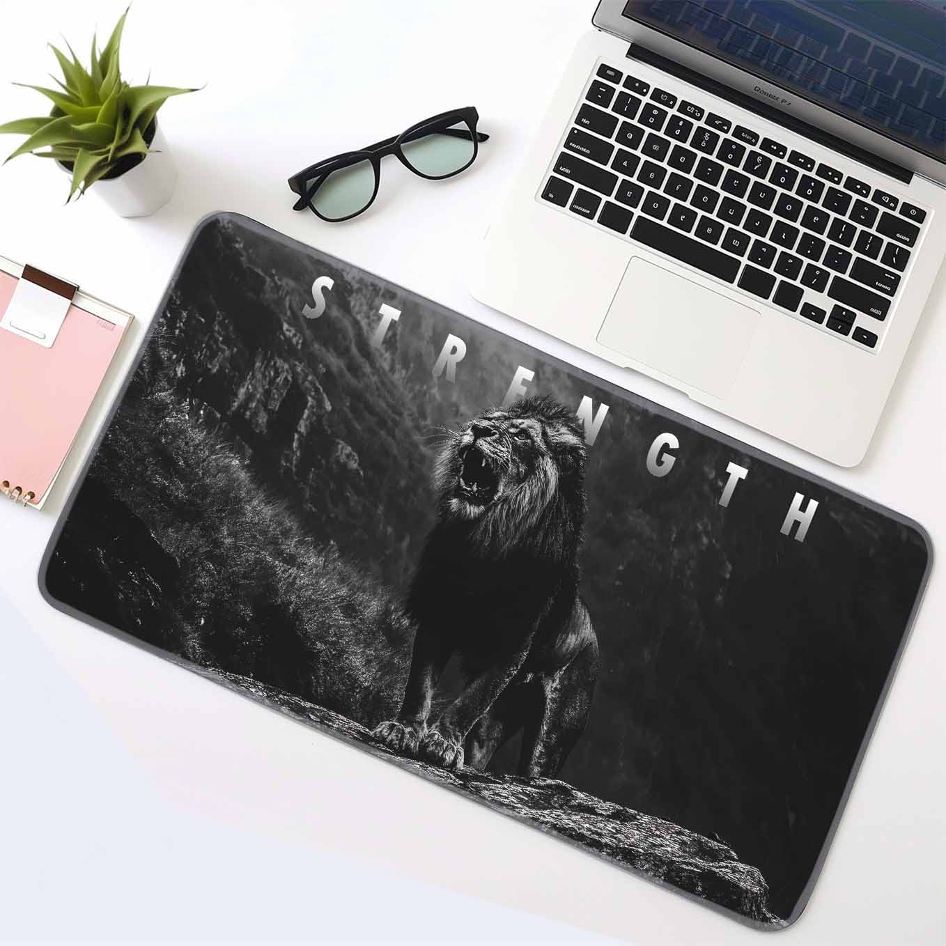 Strength Motivational Lion Deskpad 23x11 Inches – Bold Black Animal Art for Office and Gaming Setup