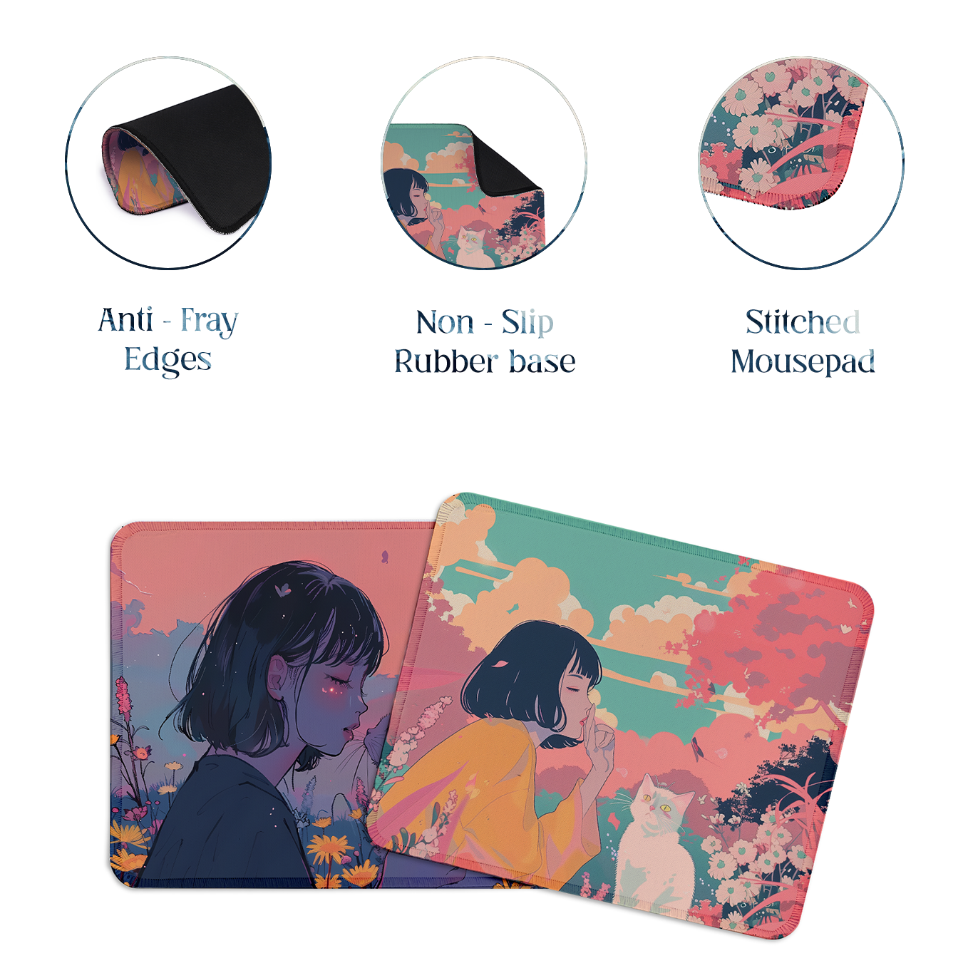 Soft Whispers – Set of 2 Stitched Anime Theme Gaming Mouse Pads with Anti-Slip Rubber Base and Waterproof Surface
