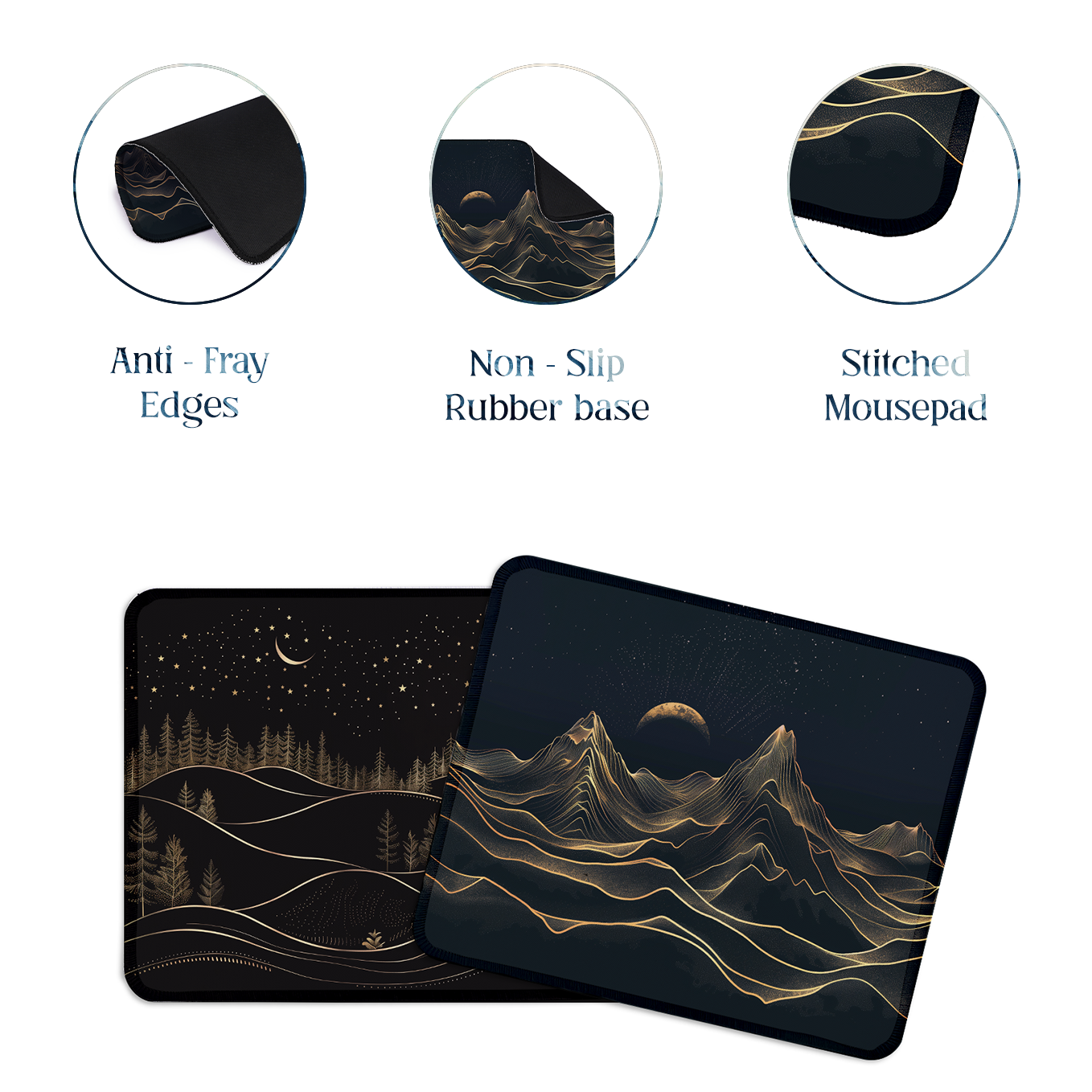 Night Sky and Mountain Line Art – Set of 2 Stitched Gaming Mouse Pads with Anti-Slip Rubber Base and Waterproof Surface
