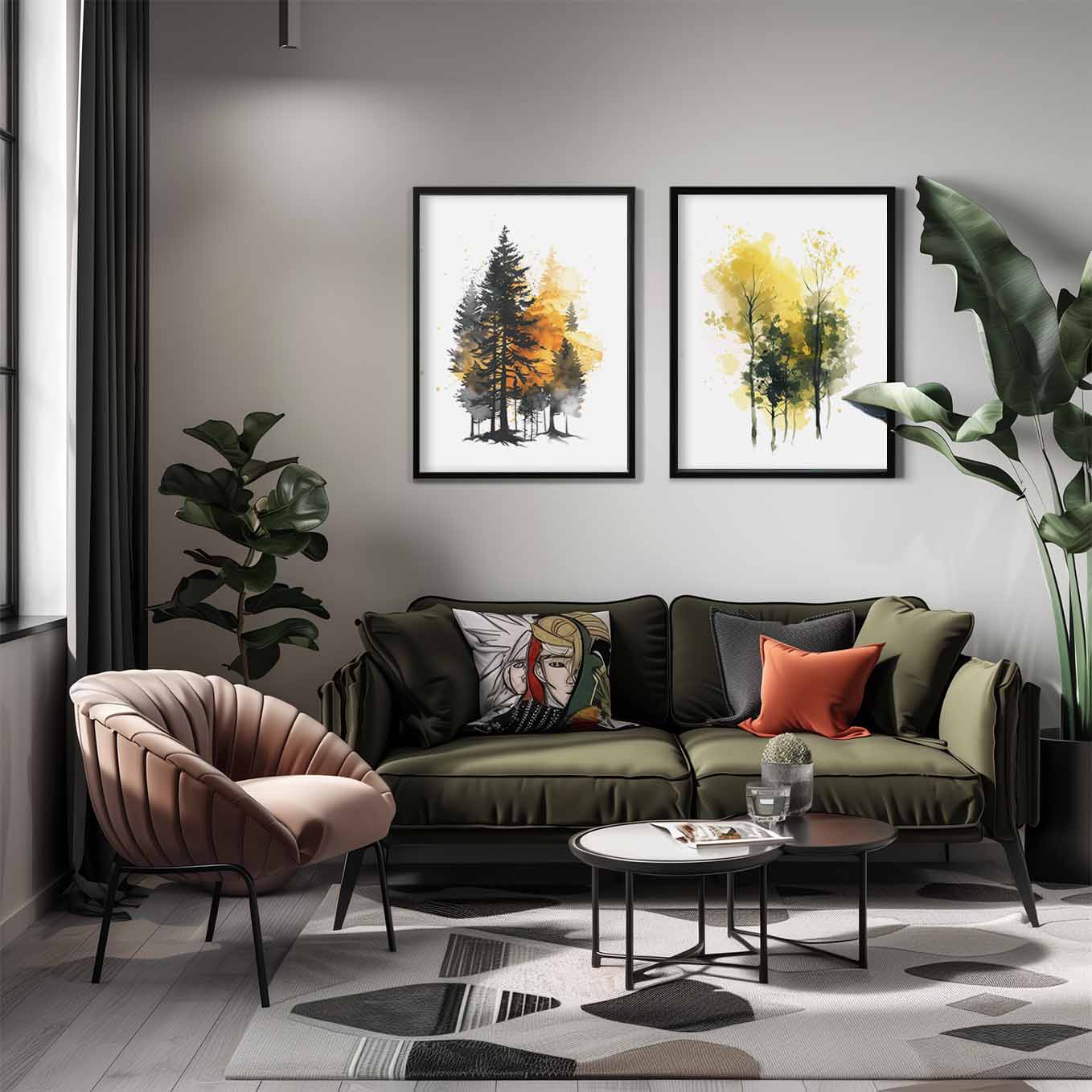 Golden Autumn Tree Art Prints - Set of 2 Framed Watercolor Paintings | Modern Minimalist Nature Wall Decor for Living Room & Bedroom