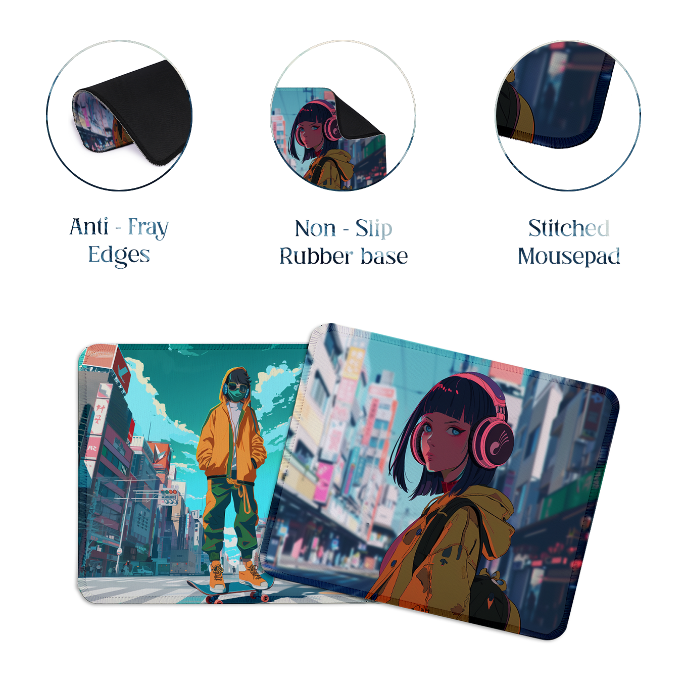 Street Style Skateboard and Girl – Set of 2 Stitched Anime Theme Gaming Mouse Pads with Anti-Slip Rubber Base and Waterproof Surface