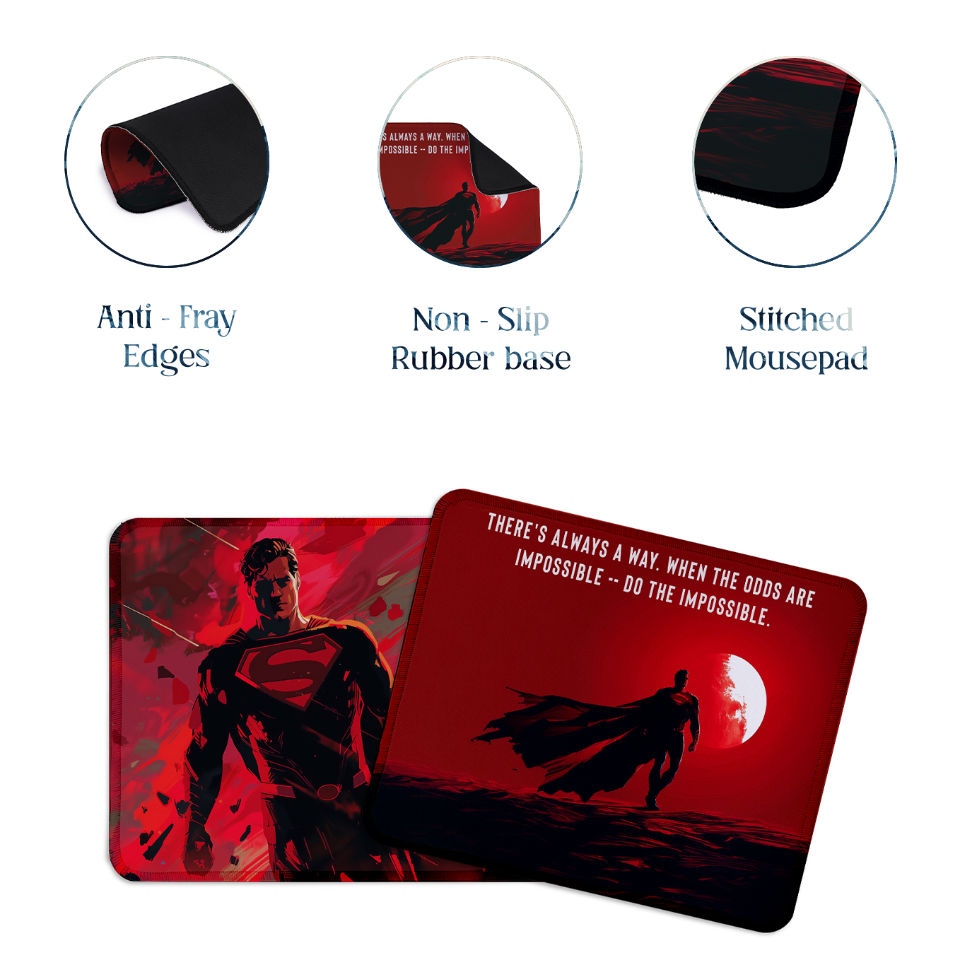Superman Set of 2 Stitched Gaming Mouse Pads with Anti-Slip Rubber Base and Waterproof Surface