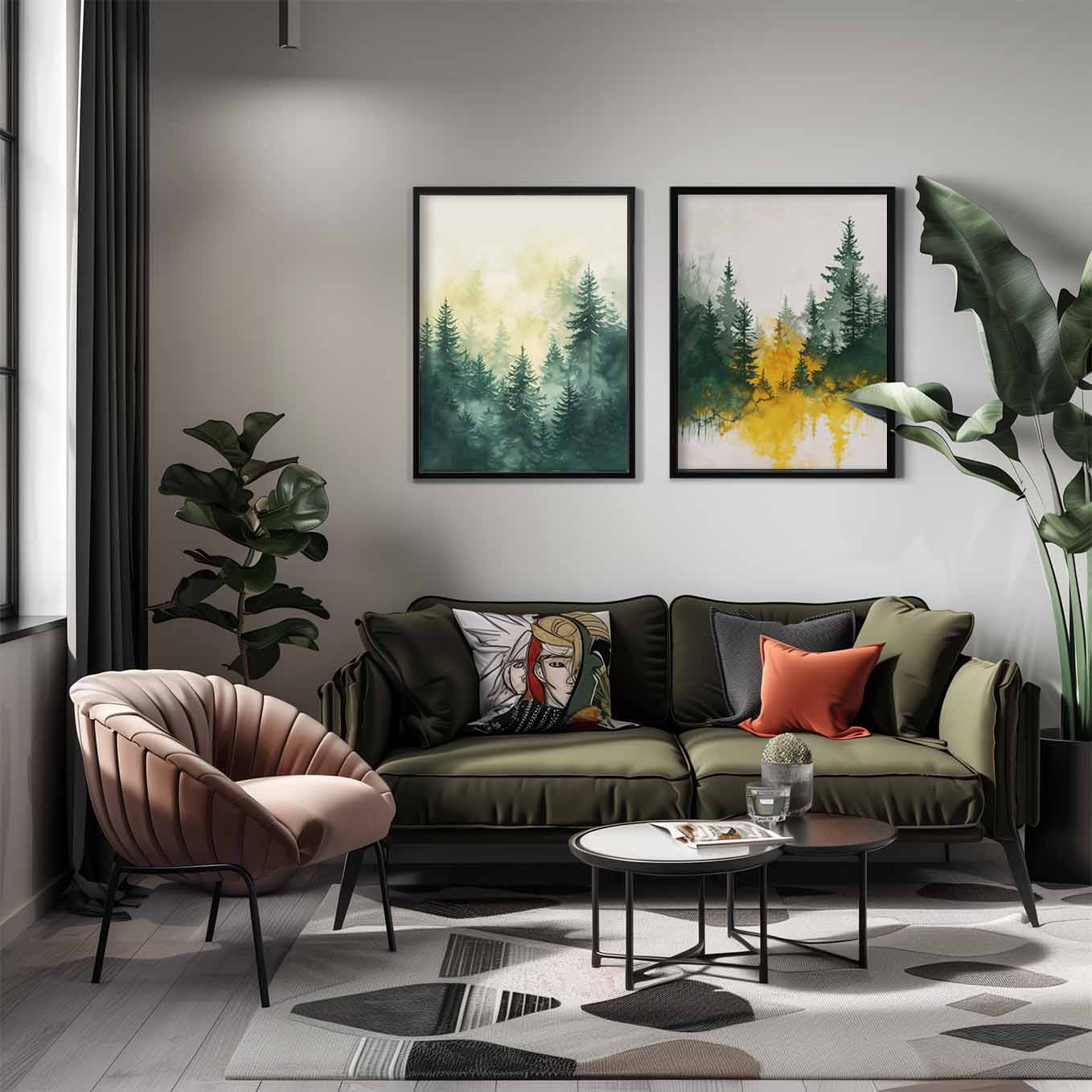 Misty Forest Watercolor Wall Art - Set of 2 Framed Prints | Tranquil Green & Golden Pine Trees | Nature-Inspired Home & Office Decor