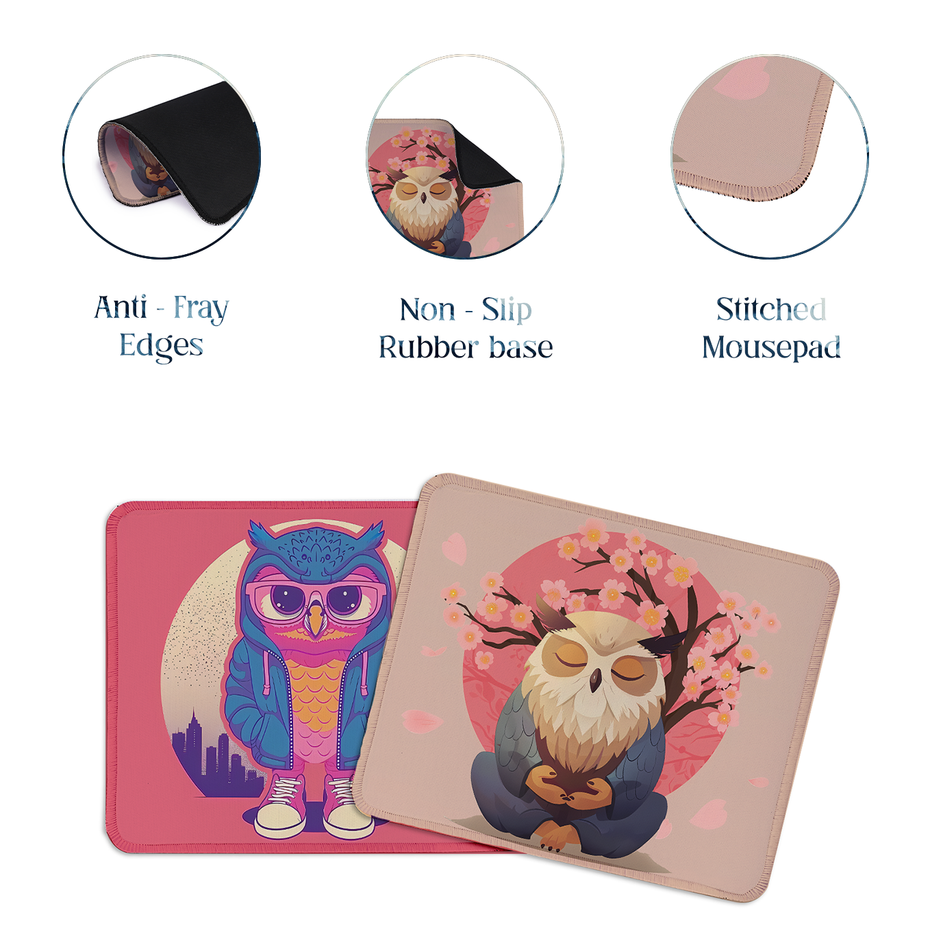 Cute Owls – Set of 2 Stitched Anime Theme Gaming Mouse Pads with Anti-Slip Rubber Base and Waterproof Surface