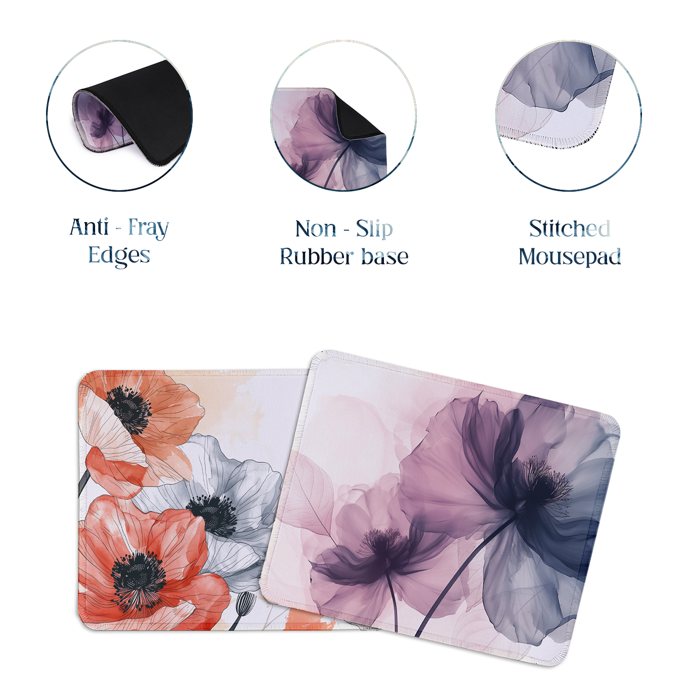 Red and Violet Poppy Flowers – Set of 2 Stitched Gaming Mouse Pads with Anti-Slip Rubber Base and Waterproof Surface