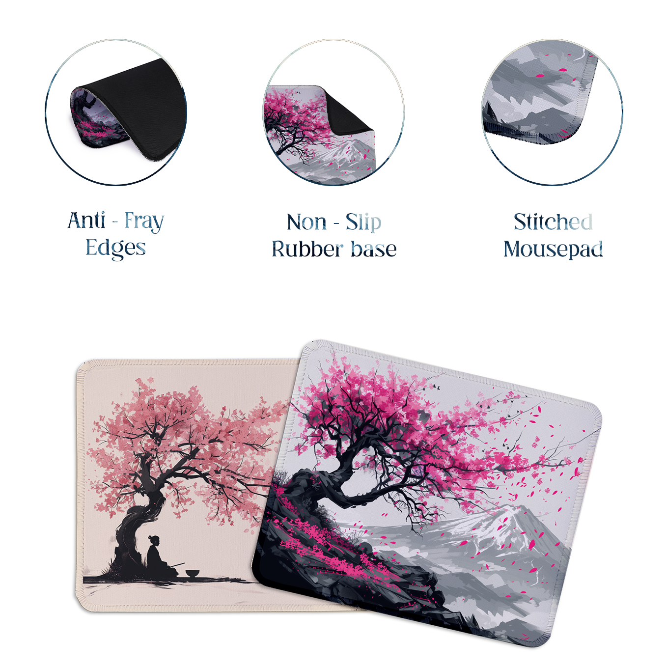 Zen Sakura Cherry Blossom Art – Set of 2 Stitched Gaming Mouse Pads with Anti-Slip Rubber Base and Waterproof Surface
