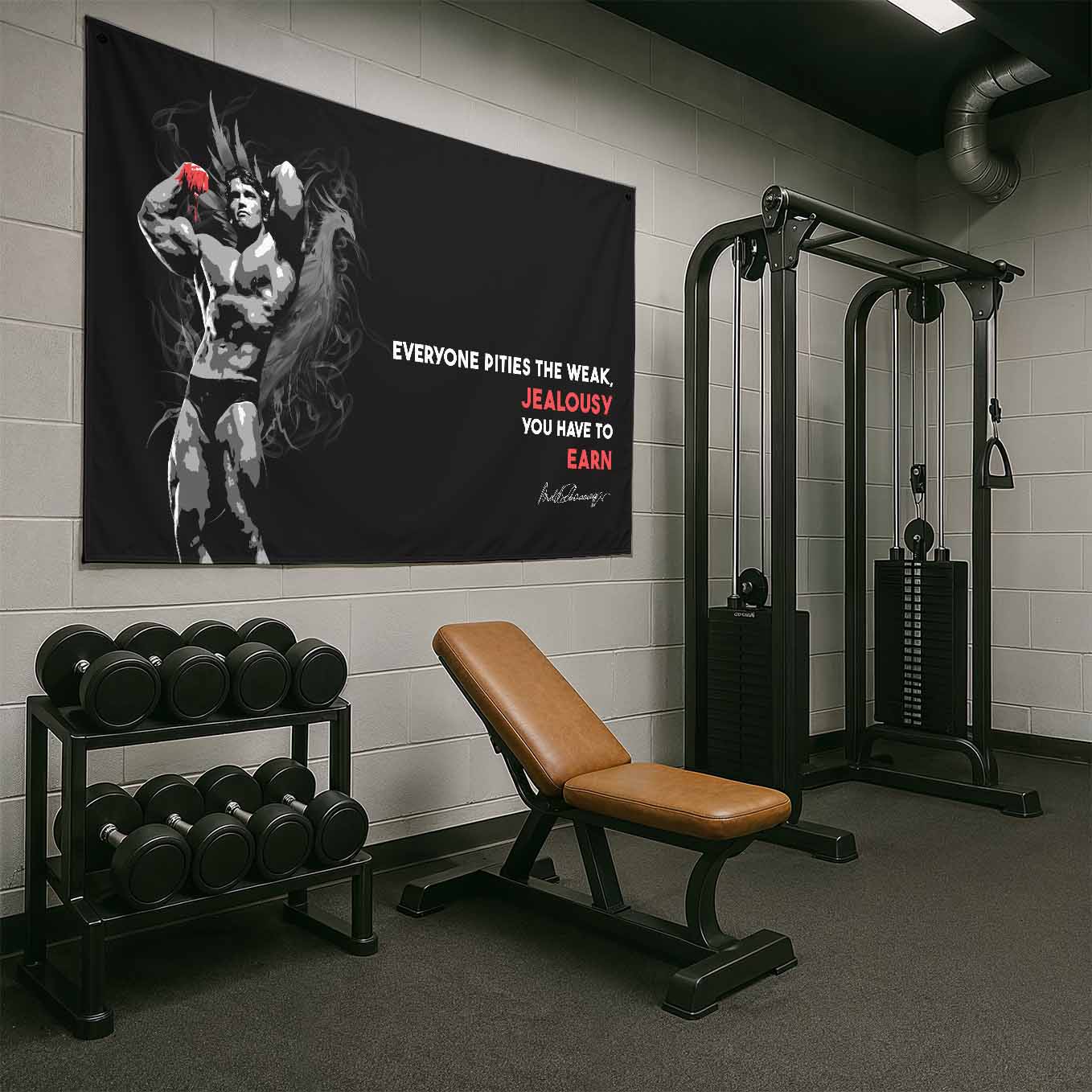 Motivational Tapestry Wall Hanging Arnold Schwarzenegger Jealousy you have to earn Inspirational Quote - Gym, Office, Dorm, Bedroom Decor, 73x43 Inches, Premium Polyester Fabric