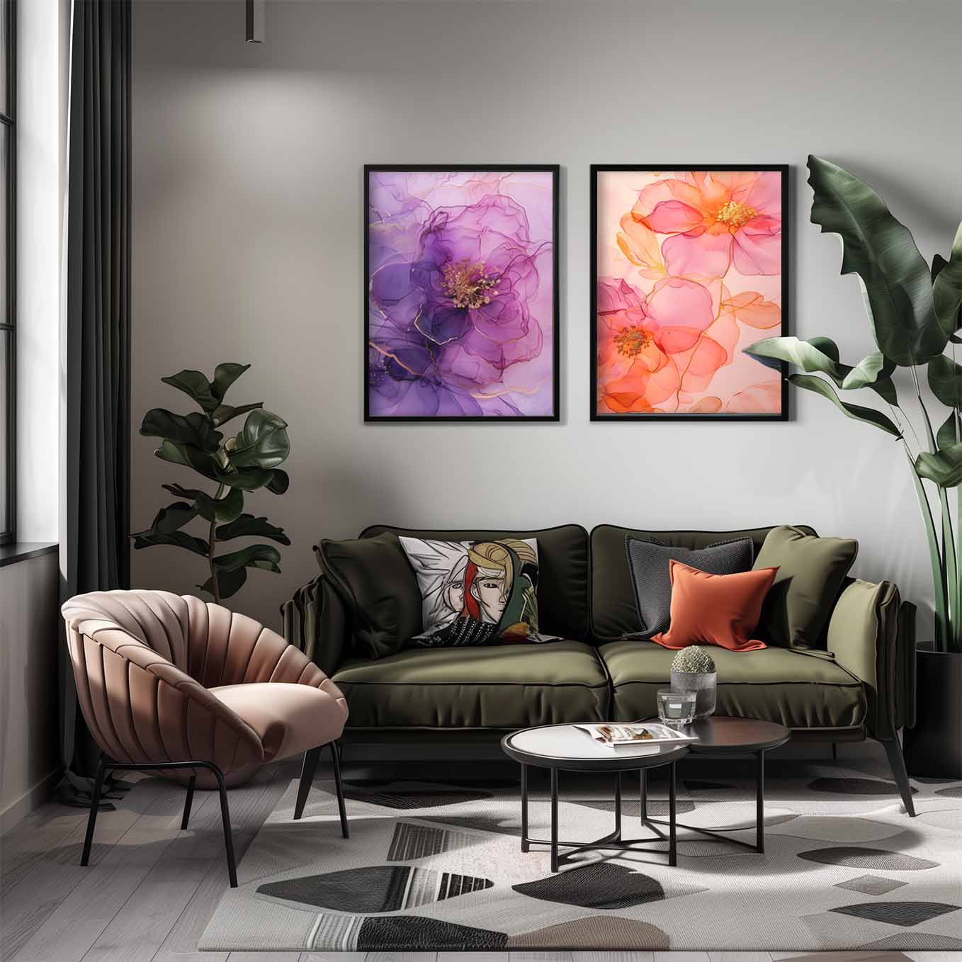 Elegant Floral Ink Art Prints - Set of 2 Framed Wall Decor | Purple & Pink Watercolor Blossoms | Contemporary Aesthetic