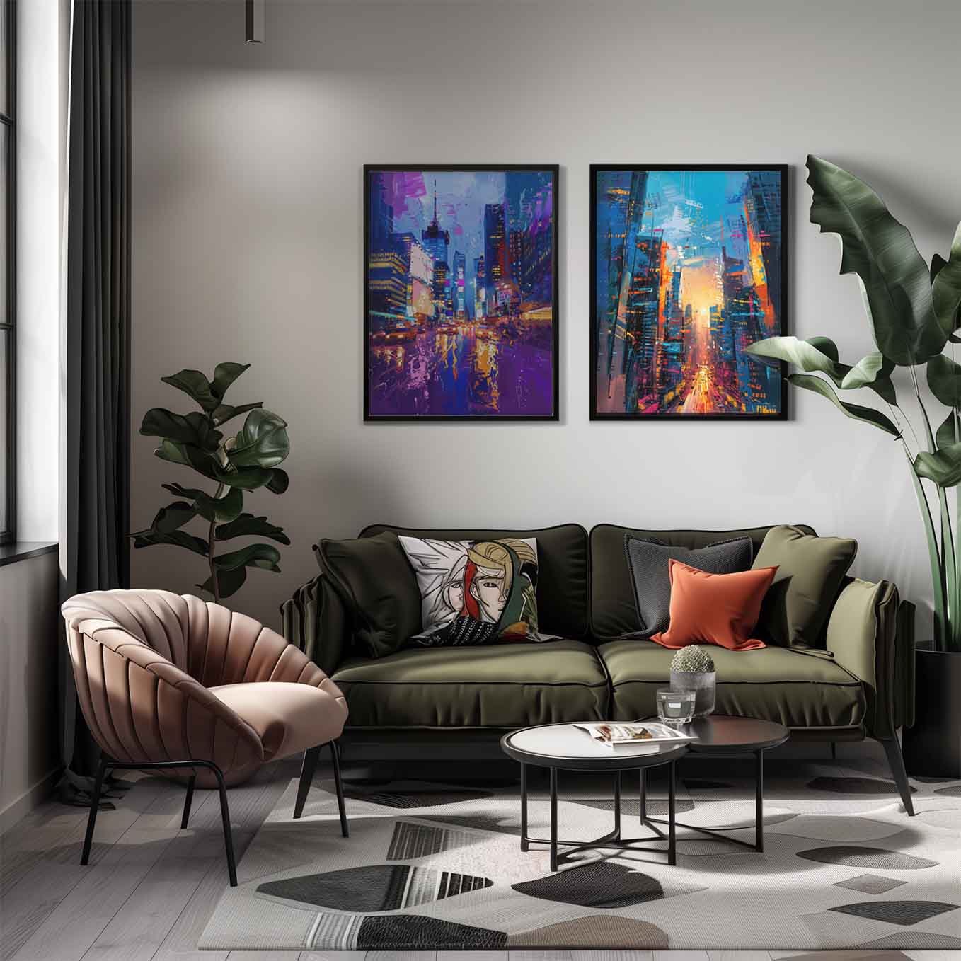 Vibrant City Lights Wall Art - Set of 2 Urban Skyline Prints | Abstract Neon Nightlife Street Decor