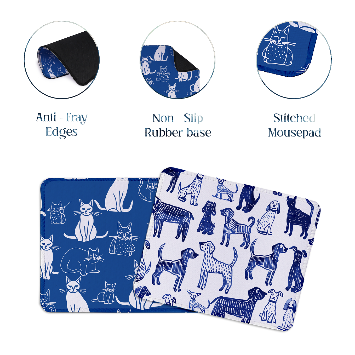 Cats & Dogs – Set of 2 Stitched Gaming Mouse Pads with Anti-Slip Rubber Base and Waterproof Surface