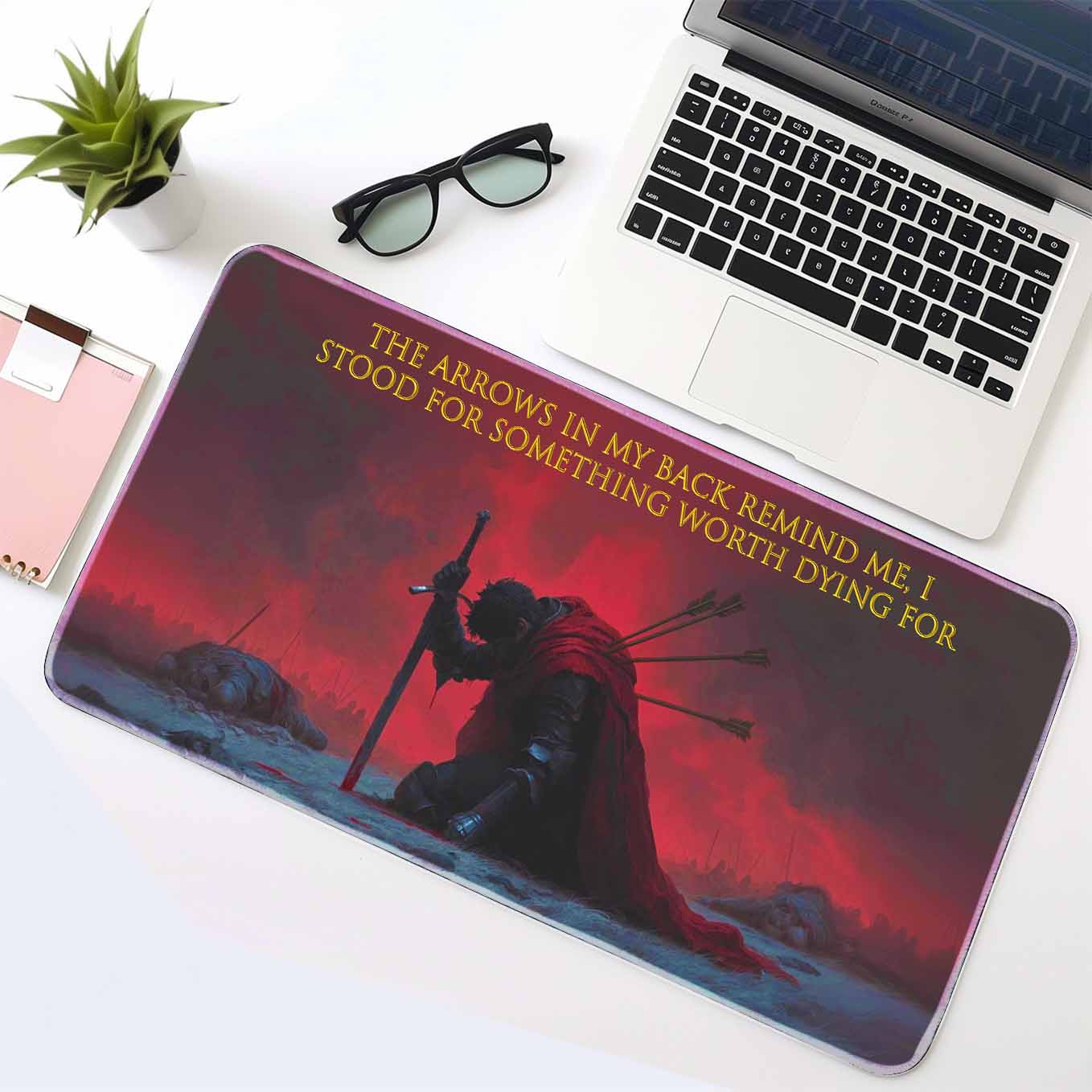 Arrows in My Back Deskpad 23x11 Inches – Red Warrior Kneel Quote for Sacrifice & Grit Office and Gaming Setup