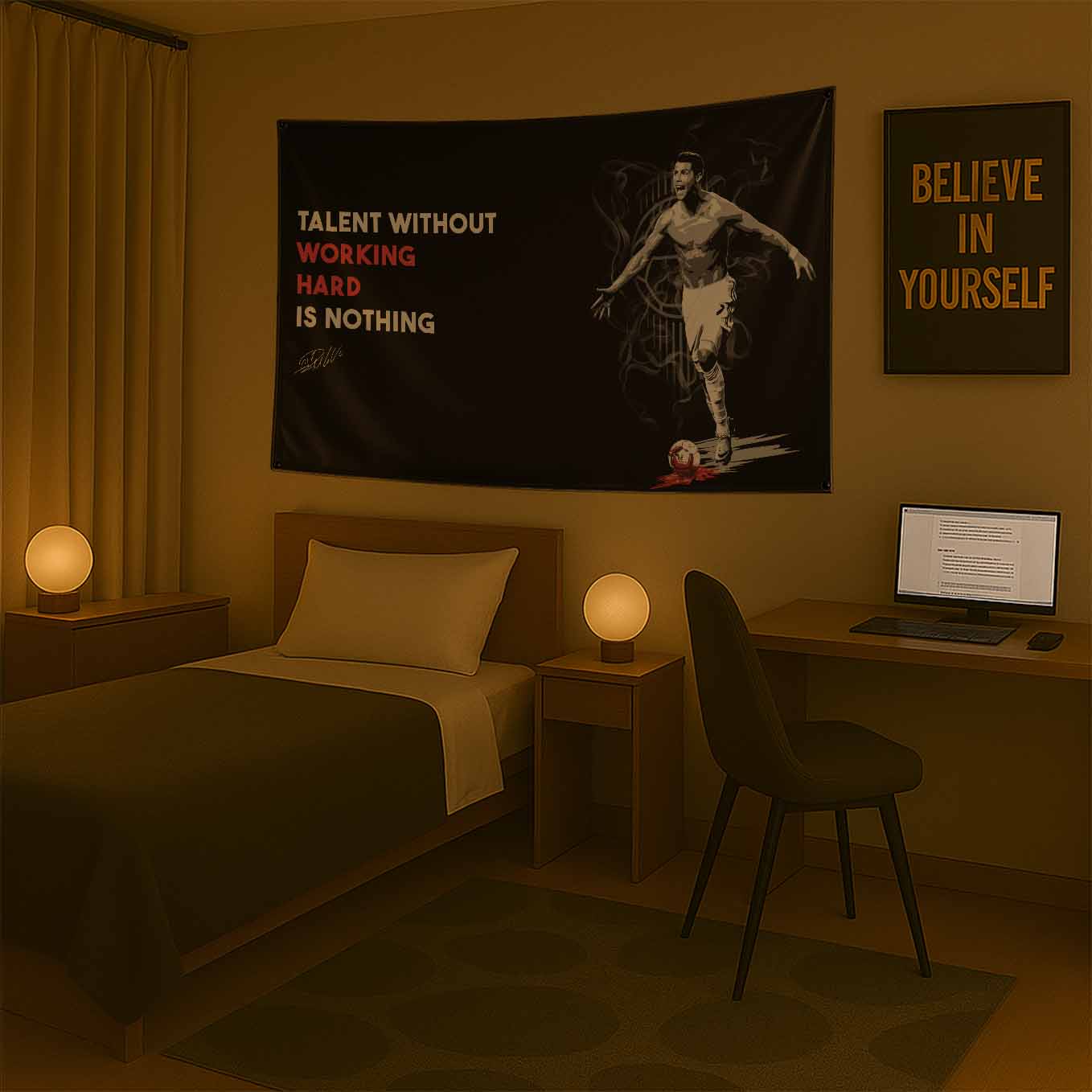Motivational Cristiano Ronaldo CR7 Soccer Tapestry - 73x43 Inches Inspirational Wall Hanging, Premium Polyester Fabric, Vivid Print, Machine Washable, Durable and Lightweight for Gym, Office, or Home Décor