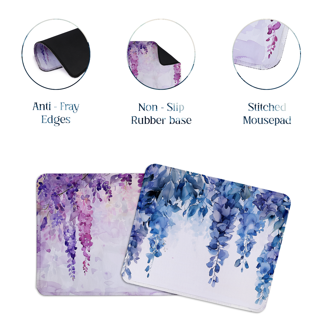 Wisteria Floral Hangings – Set of 2 Stitched Gaming Mouse Pads with Anti-Slip Rubber Base and Waterproof Surface