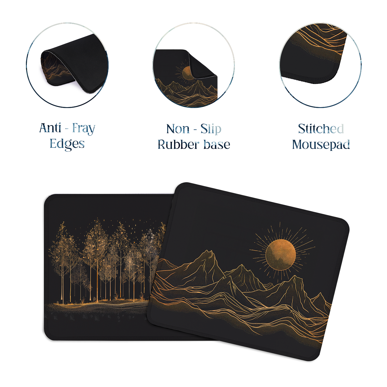 Golden Forest and Mountains Line Art – Set of 2 Stitched Gaming Mouse Pads with Anti-Slip Rubber Base and Waterproof Surface