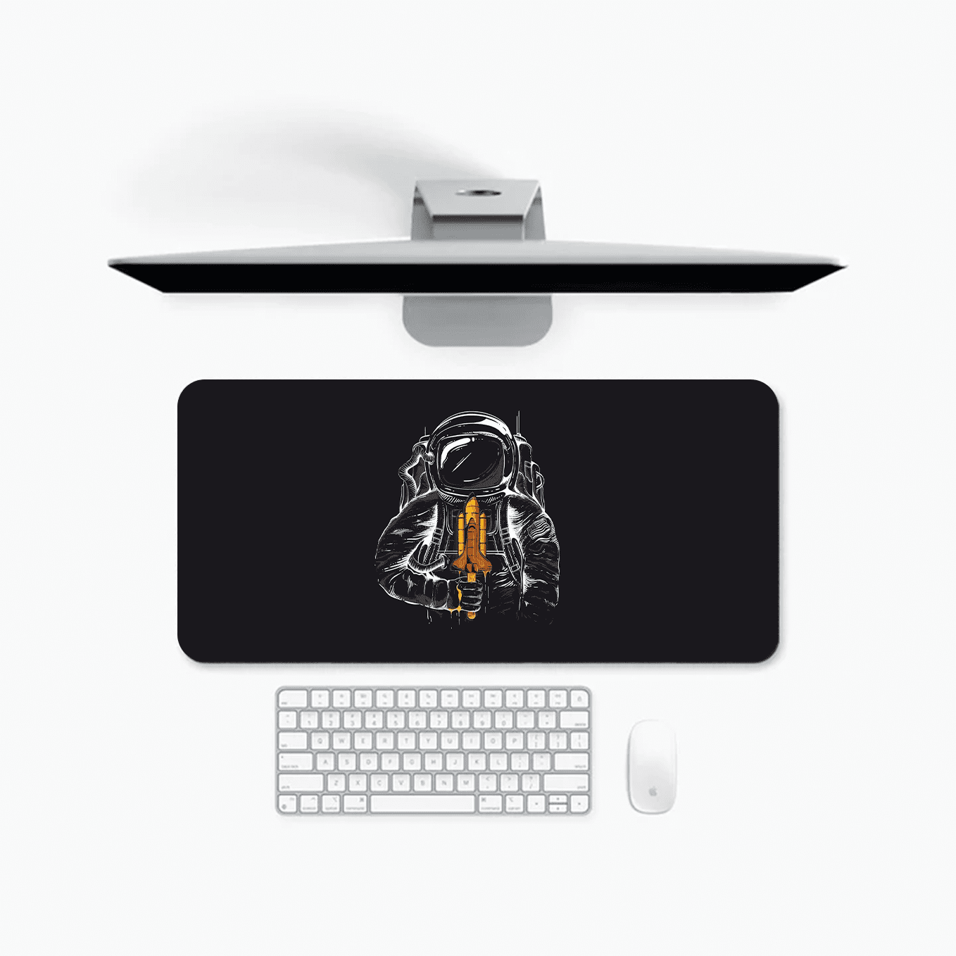 Minimal Astronaut Rocket Ship Art Mouse Pad - 23.6 x 11 Inch Desk Pad - Gaming and Workstation Mat for Illustration Artwork Fans - Non-Slip Rubber Base - Smooth Surface for Precise Control
