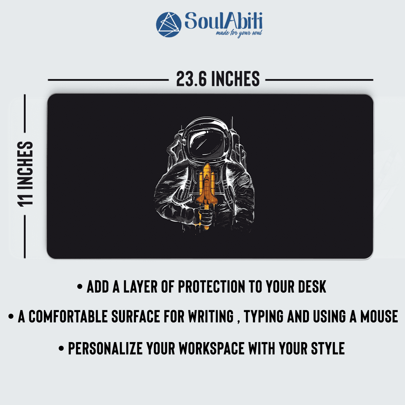 Minimal Astronaut Rocket Ship Art Mouse Pad - 23.6 x 11 Inch Desk Pad - Gaming and Workstation Mat for Illustration Artwork Fans - Non-Slip Rubber Base - Smooth Surface for Precise Control