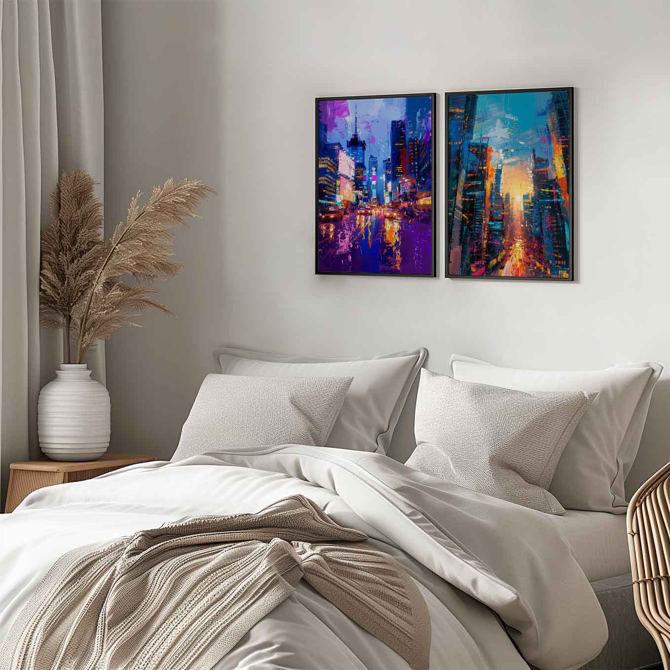 Vibrant City Lights Wall Art - Set of 2 Urban Skyline Prints | Abstract Neon Nightlife Street Decor