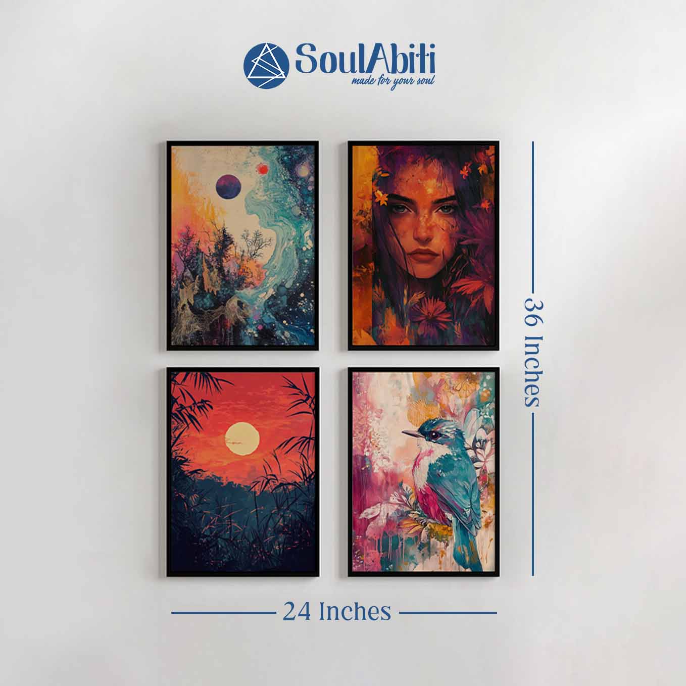 Modern Framed Set of 4 - Portrait Cosmic Fusion wall art (12x18 inches, black frame, Plexi-glass) - Ready to hang Home Decor for Living Room, Bedroom or Office