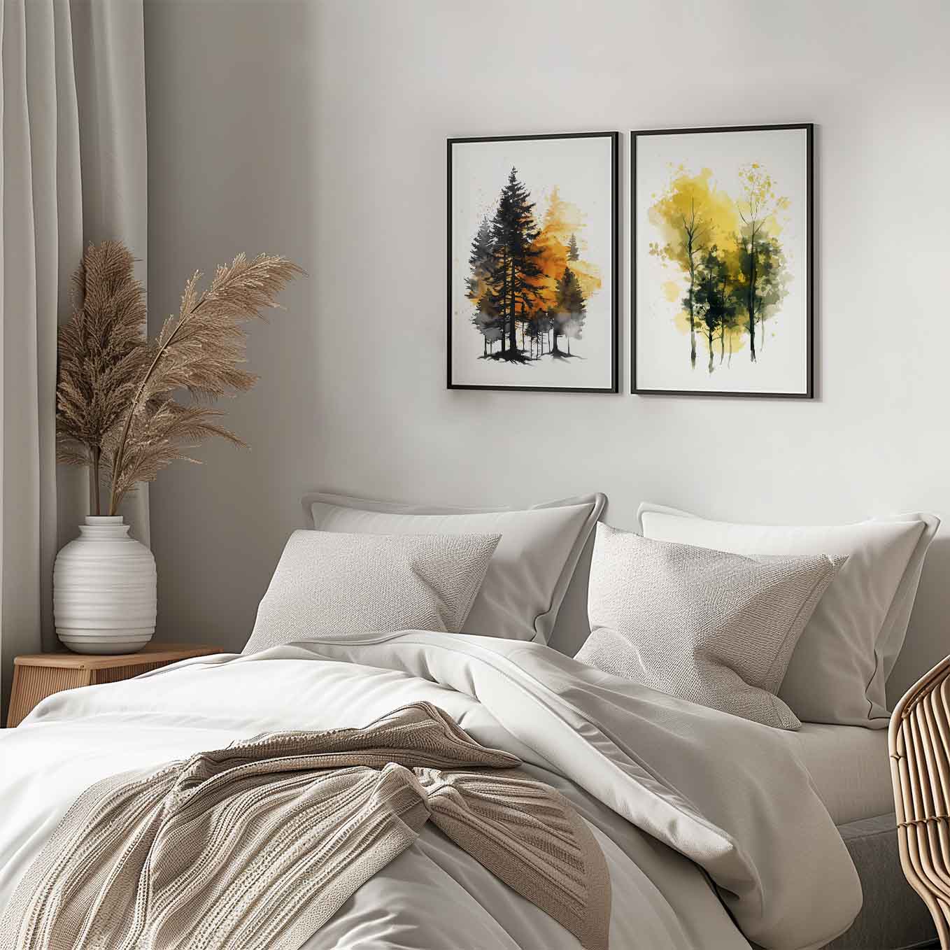 Golden Autumn Tree Art Prints - Set of 2 Framed Watercolor Paintings | Modern Minimalist Nature Wall Decor for Living Room & Bedroom