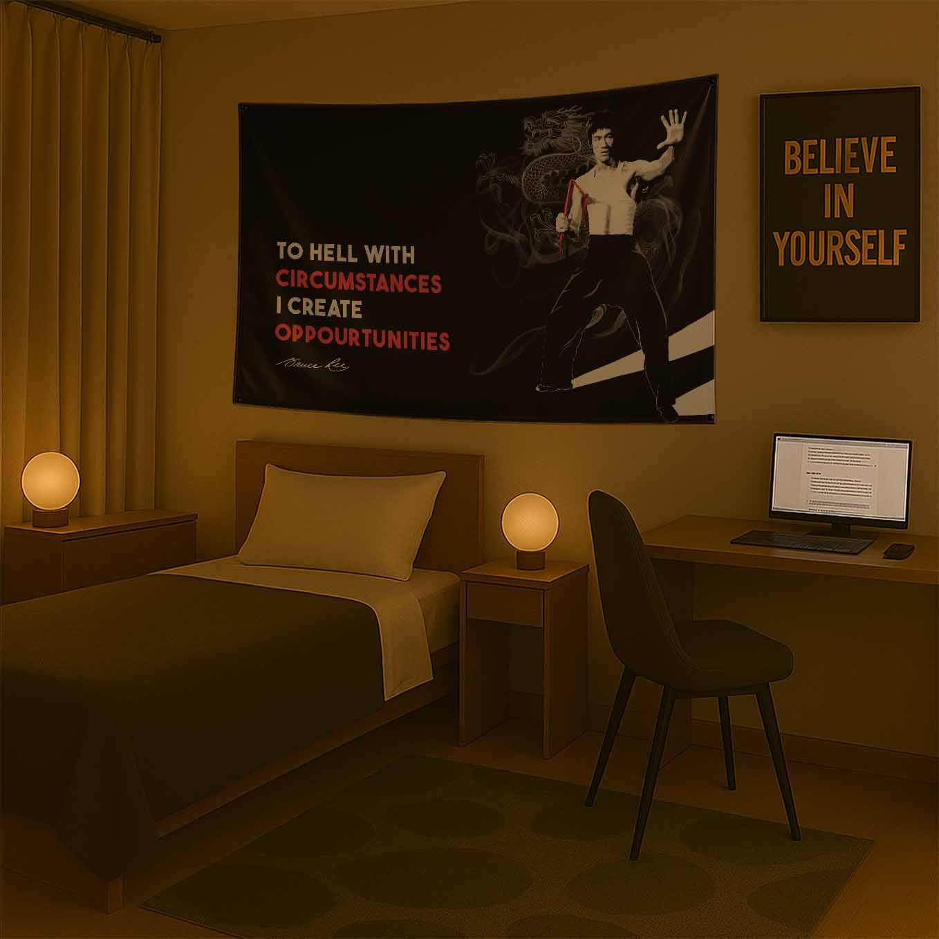 Bruce Lee Motivational Tapestry - 73x43 Inches Inspirational Wall Hanging, Premium Polyester Fabric, Vivid Print, Machine Washable, Durable and Lightweight for Gym, Office, or Home Décor