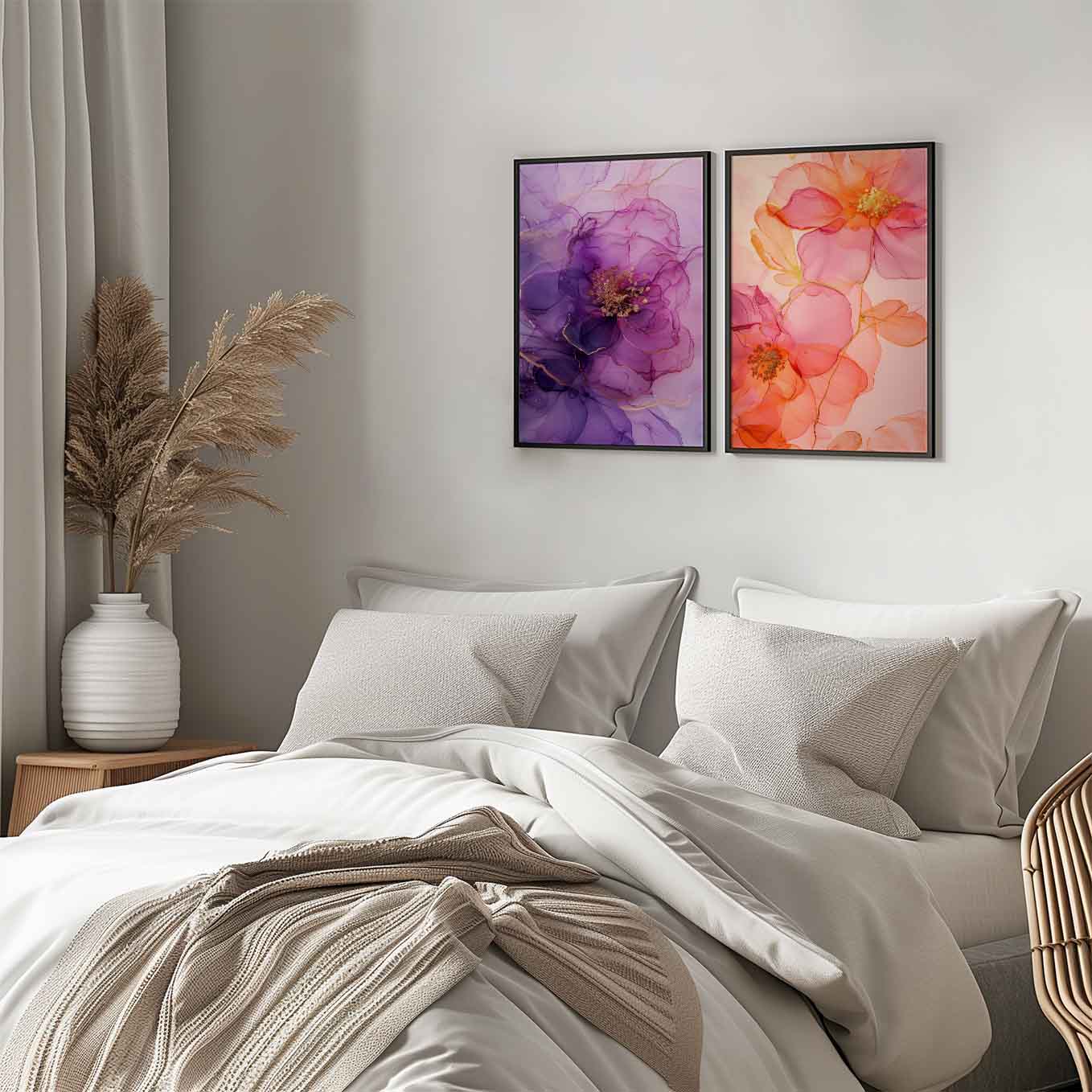 Elegant Floral Ink Art Prints - Set of 2 Framed Wall Decor | Purple & Pink Watercolor Blossoms | Contemporary Aesthetic