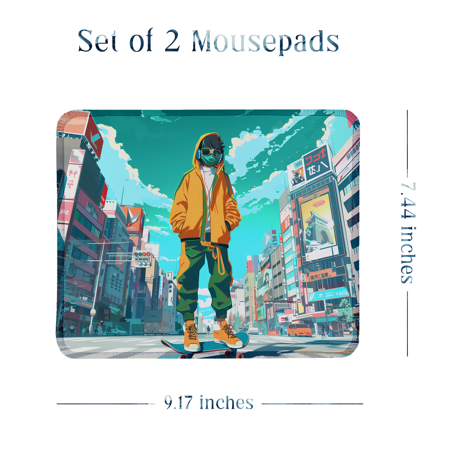 Street Style Skateboard and Girl – Set of 2 Stitched Anime Theme Gaming Mouse Pads with Anti-Slip Rubber Base and Waterproof Surface