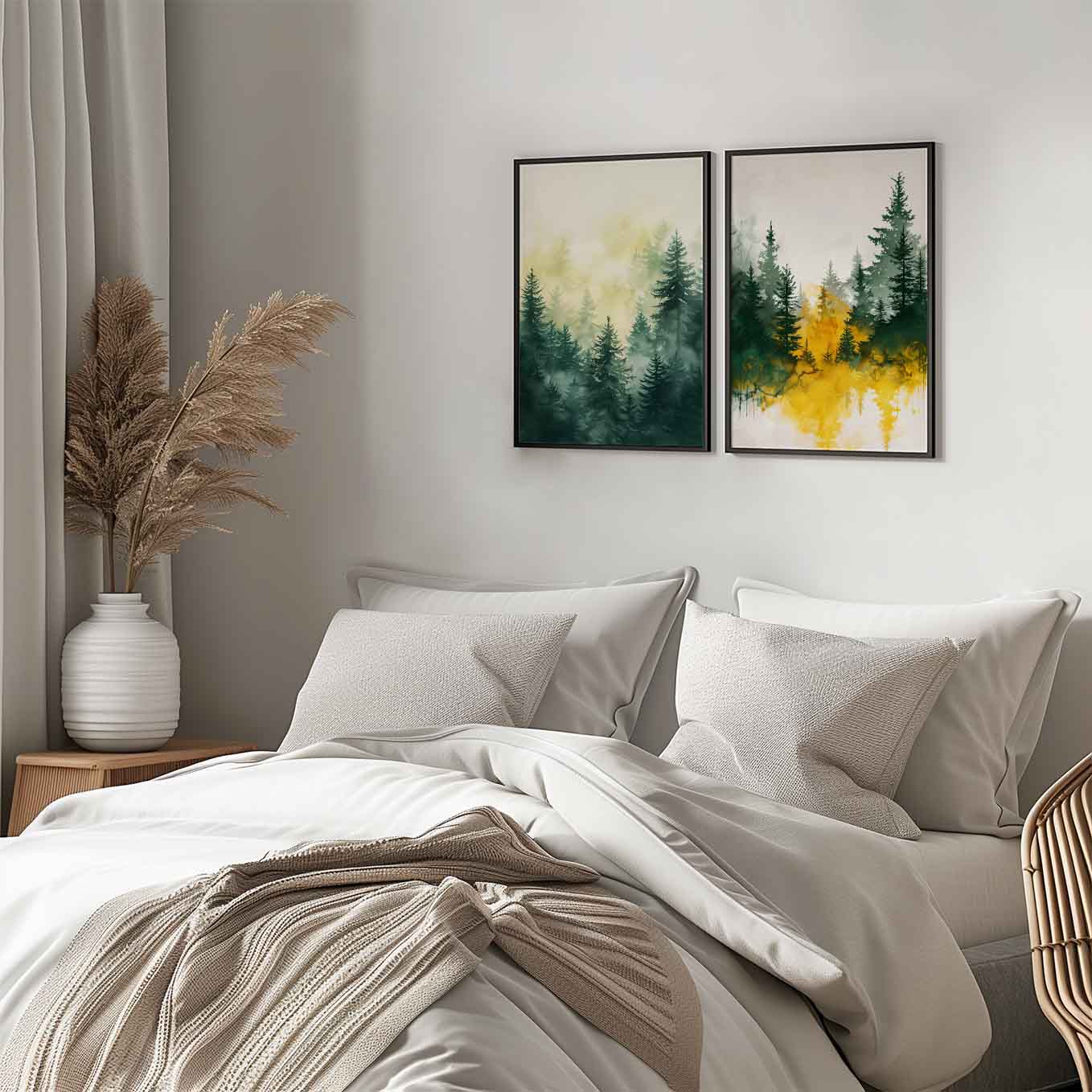 Misty Forest Watercolor Wall Art - Set of 2 Framed Prints | Tranquil Green & Golden Pine Trees | Nature-Inspired Home & Office Decor