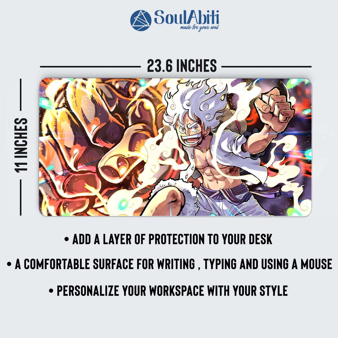 One Piece Luffy Gear 5 JoyBoy Mouse Pad - 23.6 x 11 Inches Desk Pad - Gaming and Workstation Mat for Sun God Nika Fans - Non-Slip Rubber Base - Smooth Surface for Precise Control