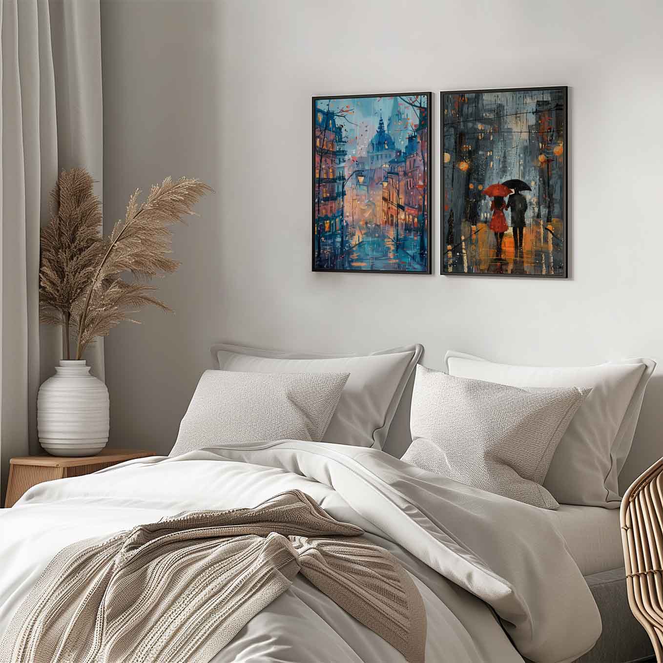 Romantic Rainy Street Art - Set of 2 Framed Cityscape Prints | Couple Under Umbrella & Paris Street Scene