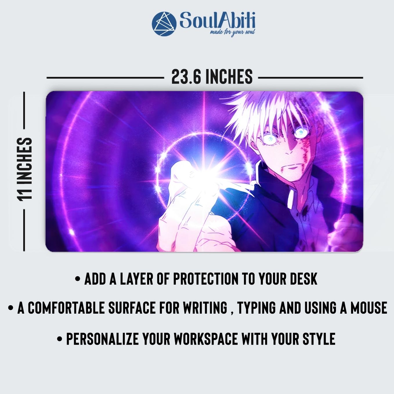 SoulAbiti Jujutsu Kaisen Mouse Pad - 23.6 x 11 Inches Desk Pad - Gaming Workstation Mat for Gojo awakened hollow purple - Non-Slip Rubber Base - Smooth Surface for Precise Control