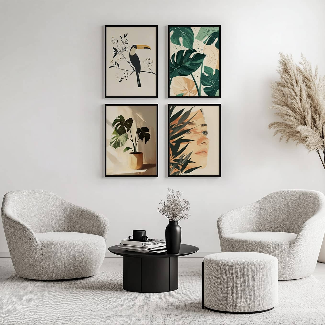 Modern Framed Set of 4 - Portrait Botanical wall art (12x18 inches, black frame, Plexi-glass) - Ready to hang Home Decor for Living Room, Bedroom or Office