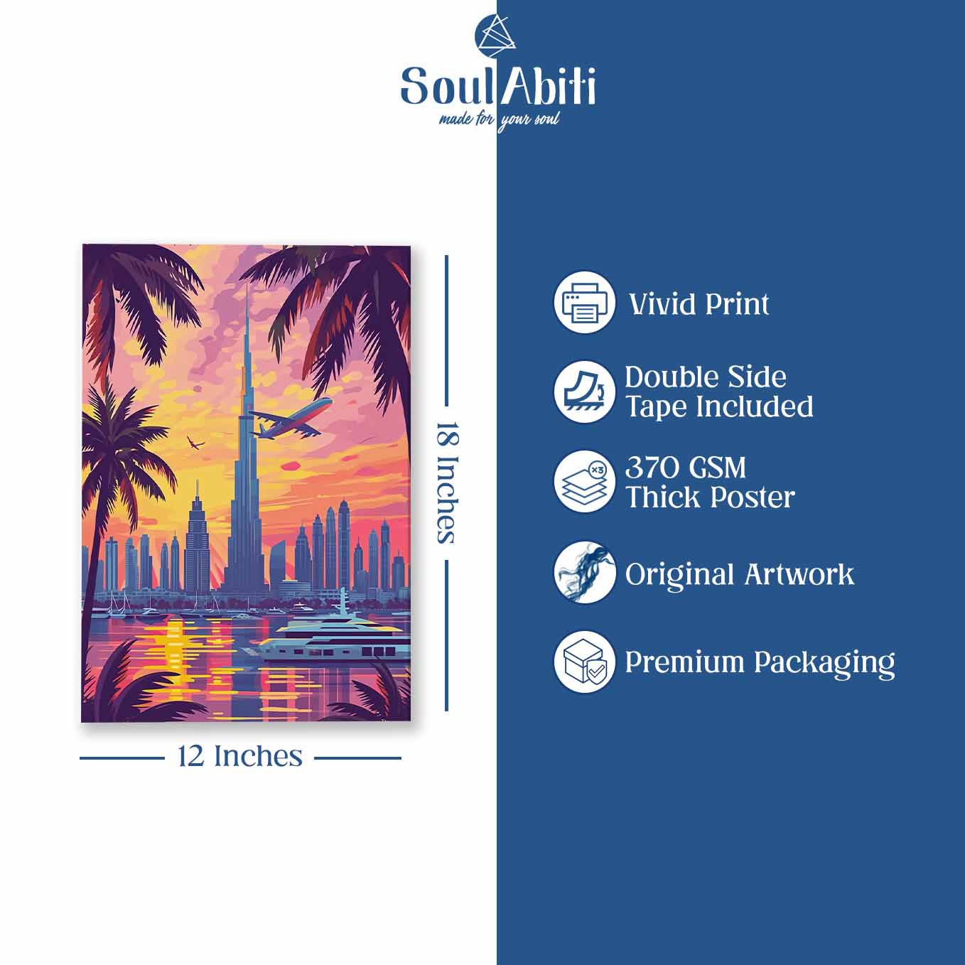Dubai Skyline Sunset Poster - Cityscape 370 GSM with Double Side Tape Ready to Stick Wall Decor