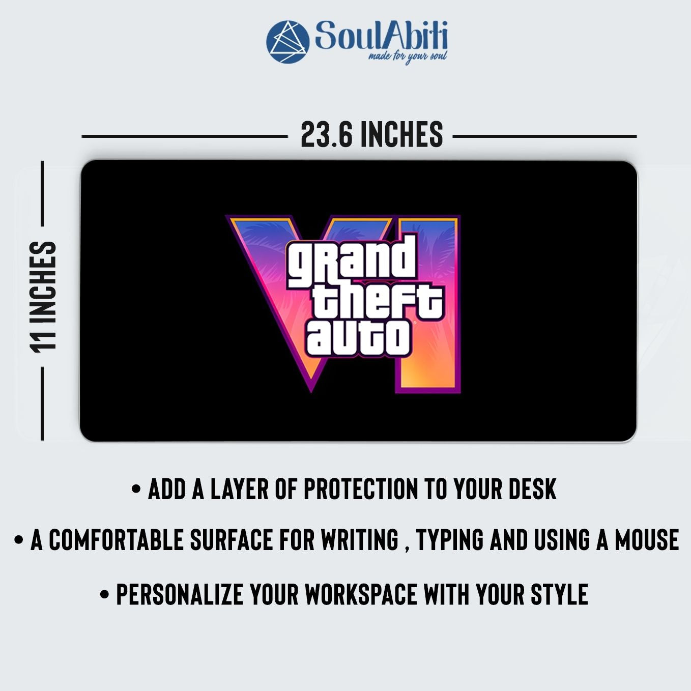 SoulAbiti GTA 6 Mouse Pad - 23.6 x 11 Inches Desk Pad - Gaming Workstation Mat for grand theft auto 6 - Non-Slip Rubber Base - Smooth Surface for Precise Control