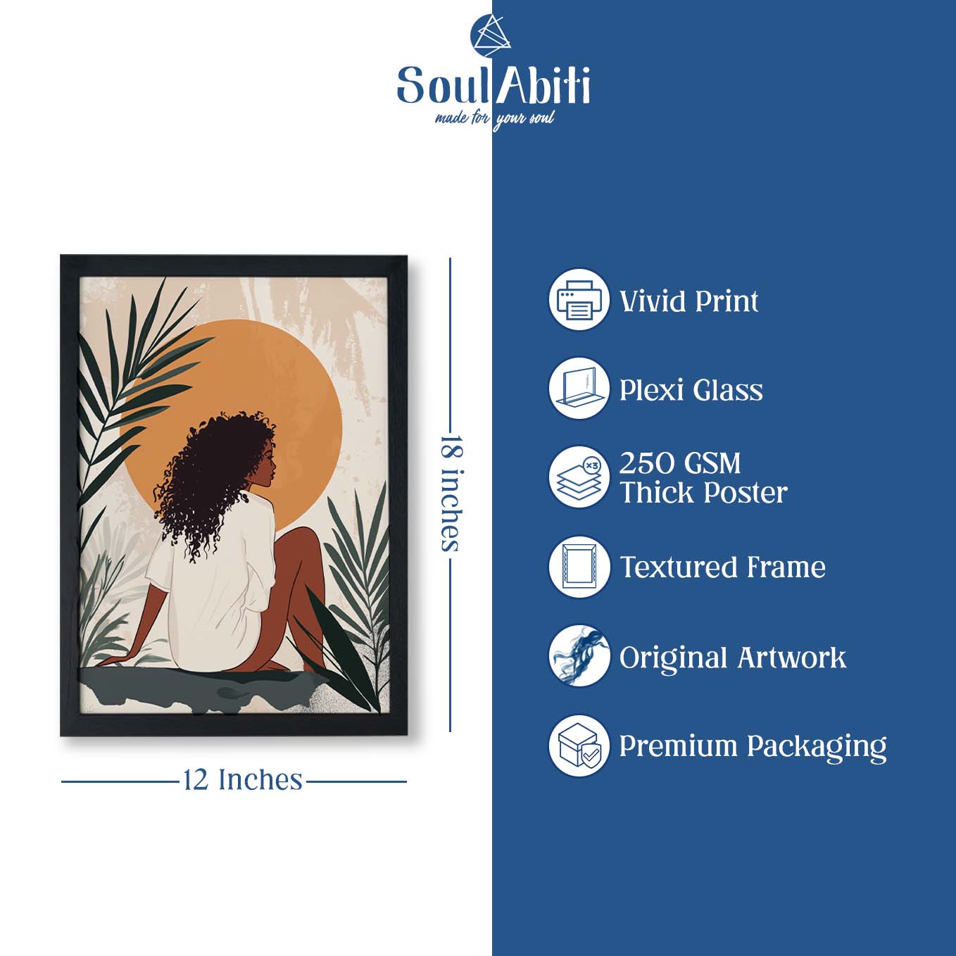 Modern Framed Set of 4 - Portrait Bohemian wall art (12x18 inches, black frame, Plexi-glass) - Ready to hang Home Decor for Living Room, Bedroom or Office
