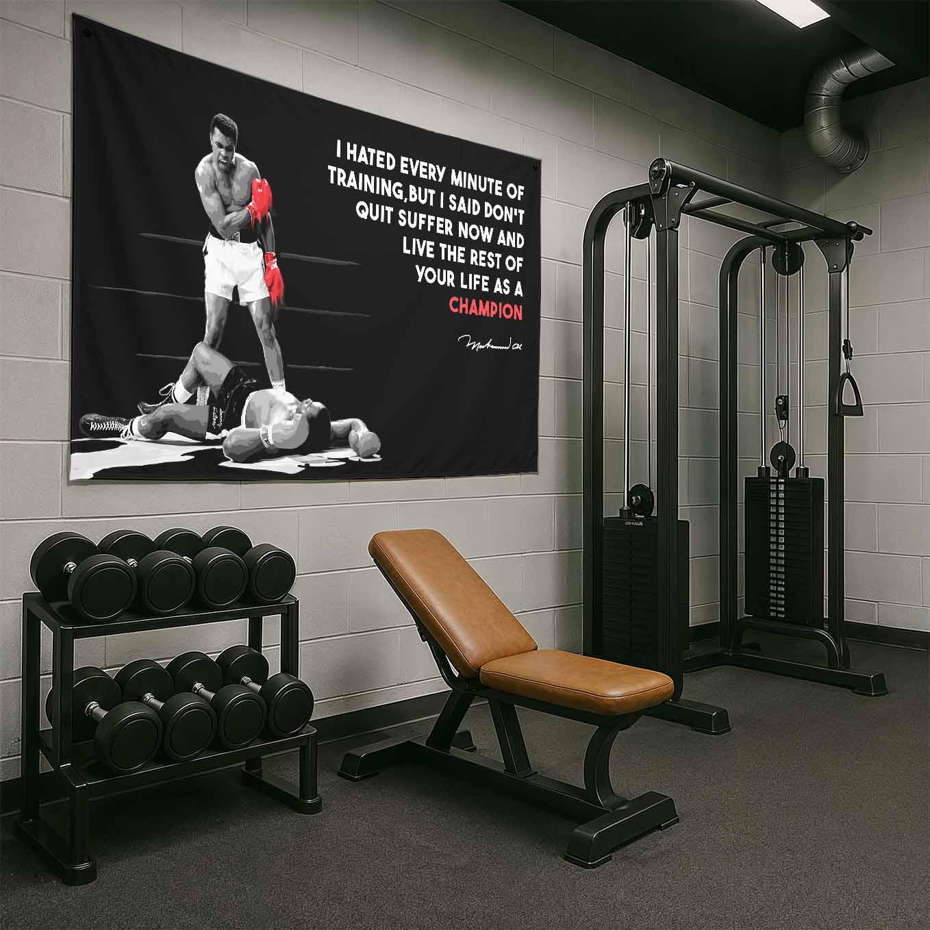 Muhammad Ali Motivational Tapestry - 73x43 Inches Inspirational Wall Hanging, Premium Polyester Fabric, Vivid Print, Machine Washable, Durable and Lightweight for Gym, Office, or Home Décor