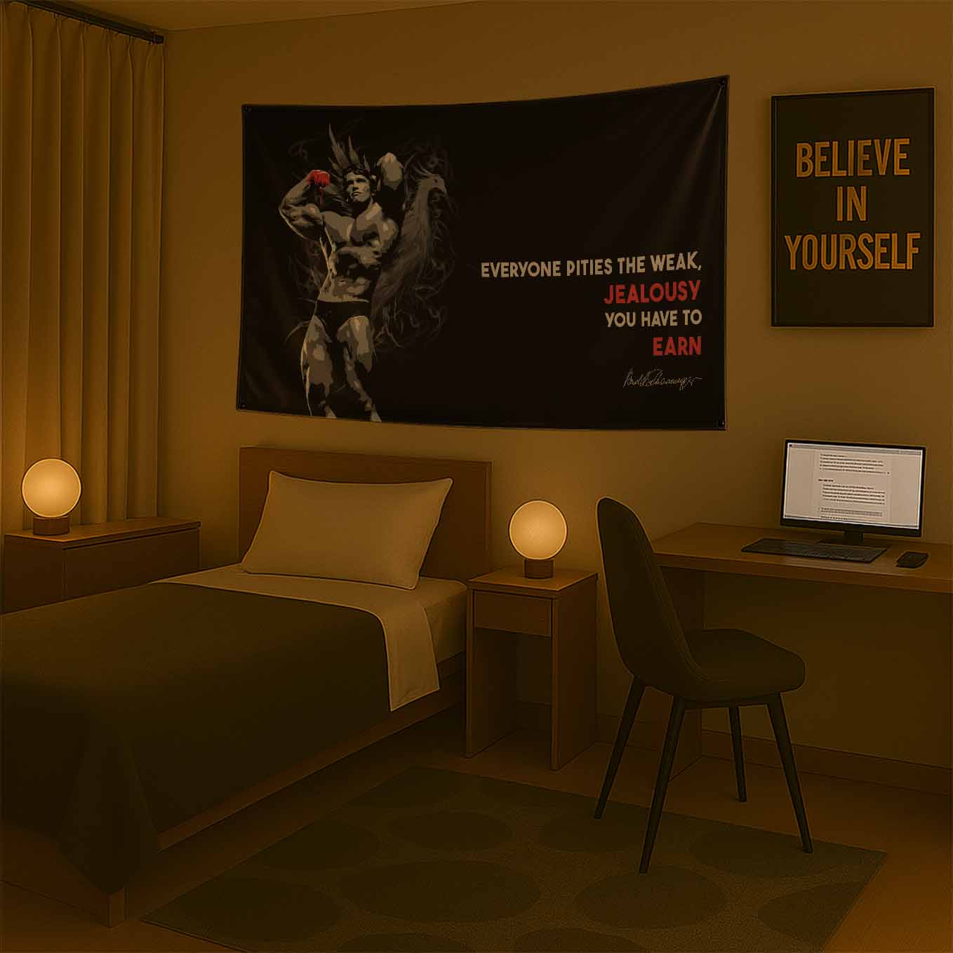 Motivational Tapestry Wall Hanging Arnold Schwarzenegger Jealousy you have to earn Inspirational Quote - Gym, Office, Dorm, Bedroom Decor, 73x43 Inches, Premium Polyester Fabric