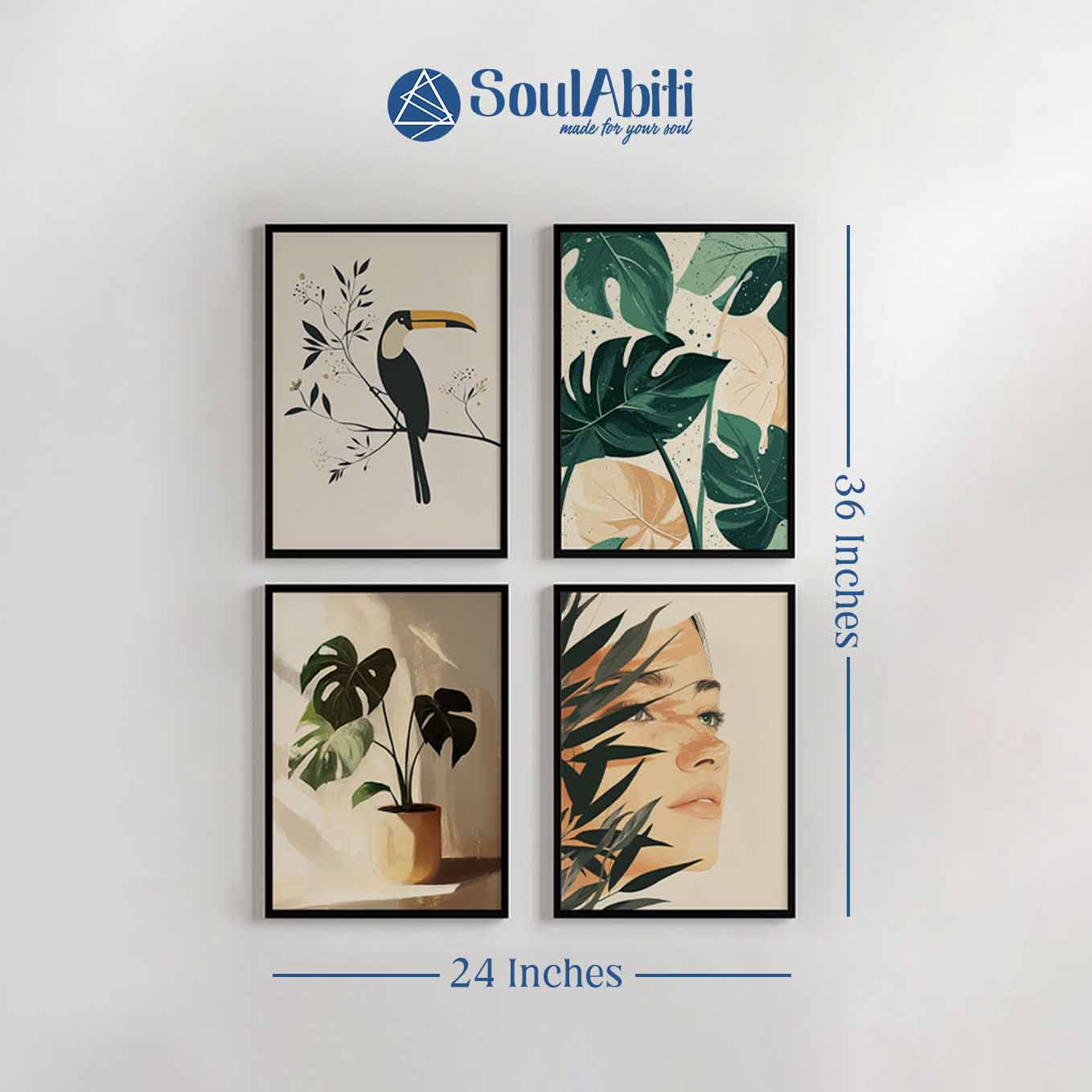 Modern Framed Set of 4 - Portrait Botanical wall art (12x18 inches, black frame, Plexi-glass) - Ready to hang Home Decor for Living Room, Bedroom or Office