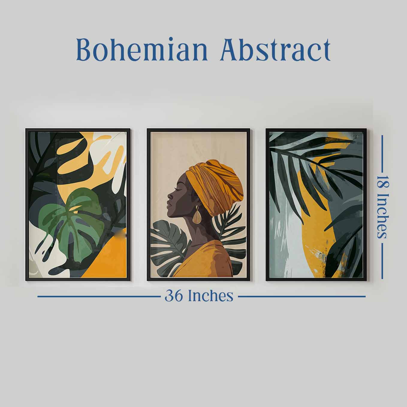 Golden Tropical Goddess Wall Art - Set of 3 Framed Prints | Elegant Afrocentric Woman & Botanical Leaves Illustration for Home Decor