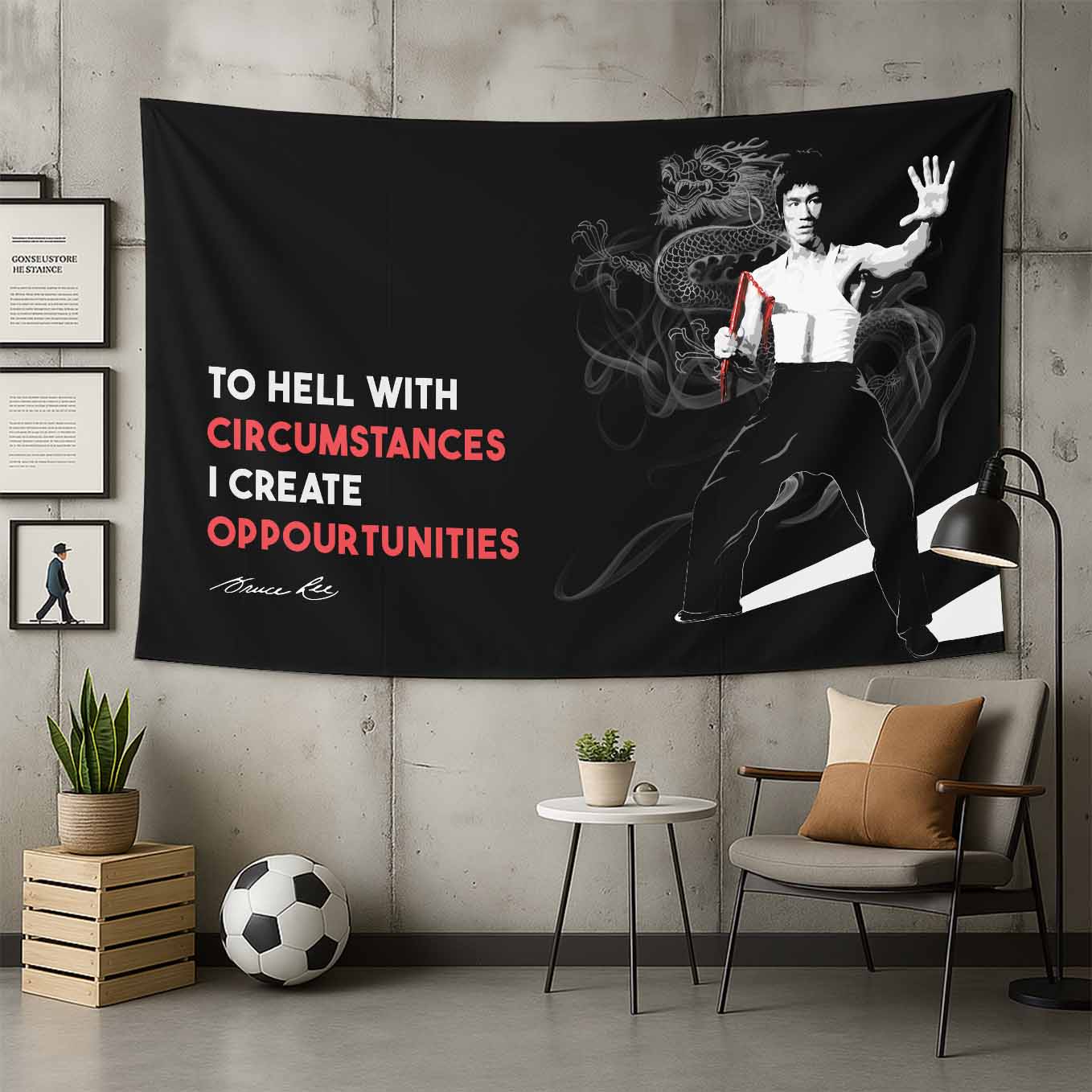 Bruce Lee Motivational Tapestry - 73x43 Inches Inspirational Wall Hanging, Premium Polyester Fabric, Vivid Print, Machine Washable, Durable and Lightweight for Gym, Office, or Home Décor