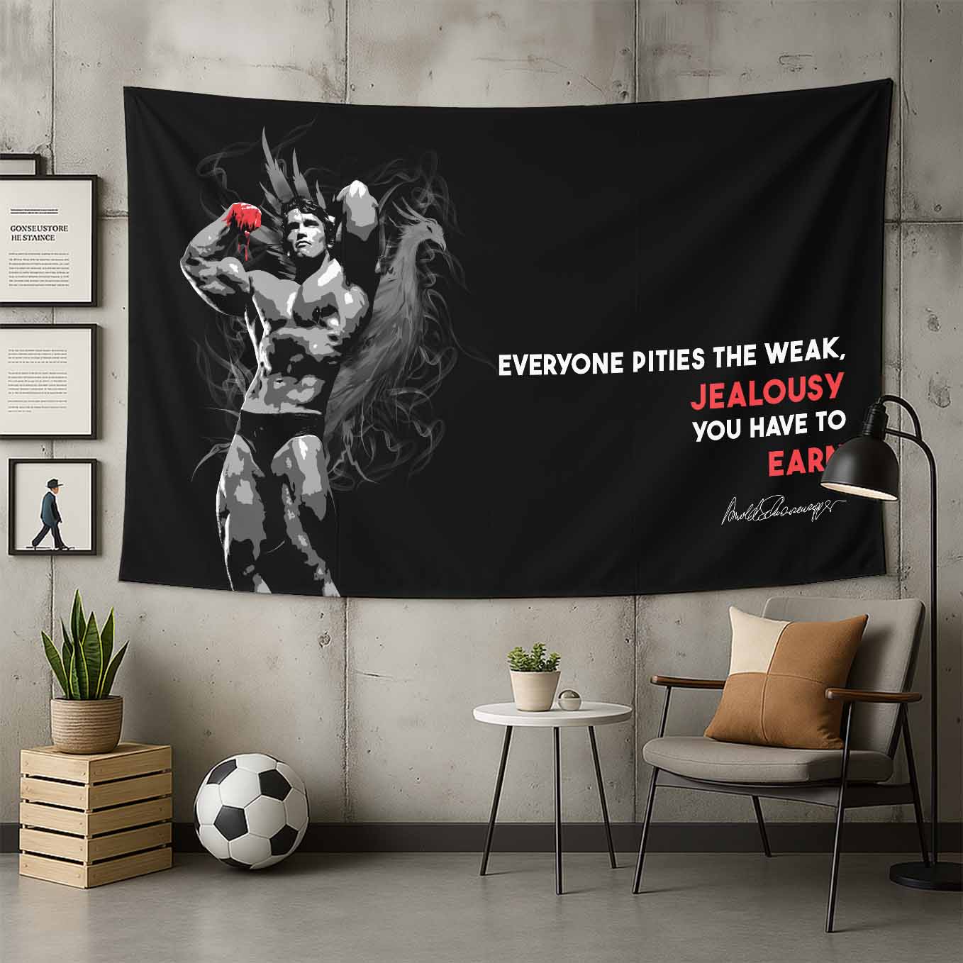 Motivational Tapestry Wall Hanging Arnold Schwarzenegger Jealousy you have to earn Inspirational Quote - Gym, Office, Dorm, Bedroom Decor, 73x43 Inches, Premium Polyester Fabric
