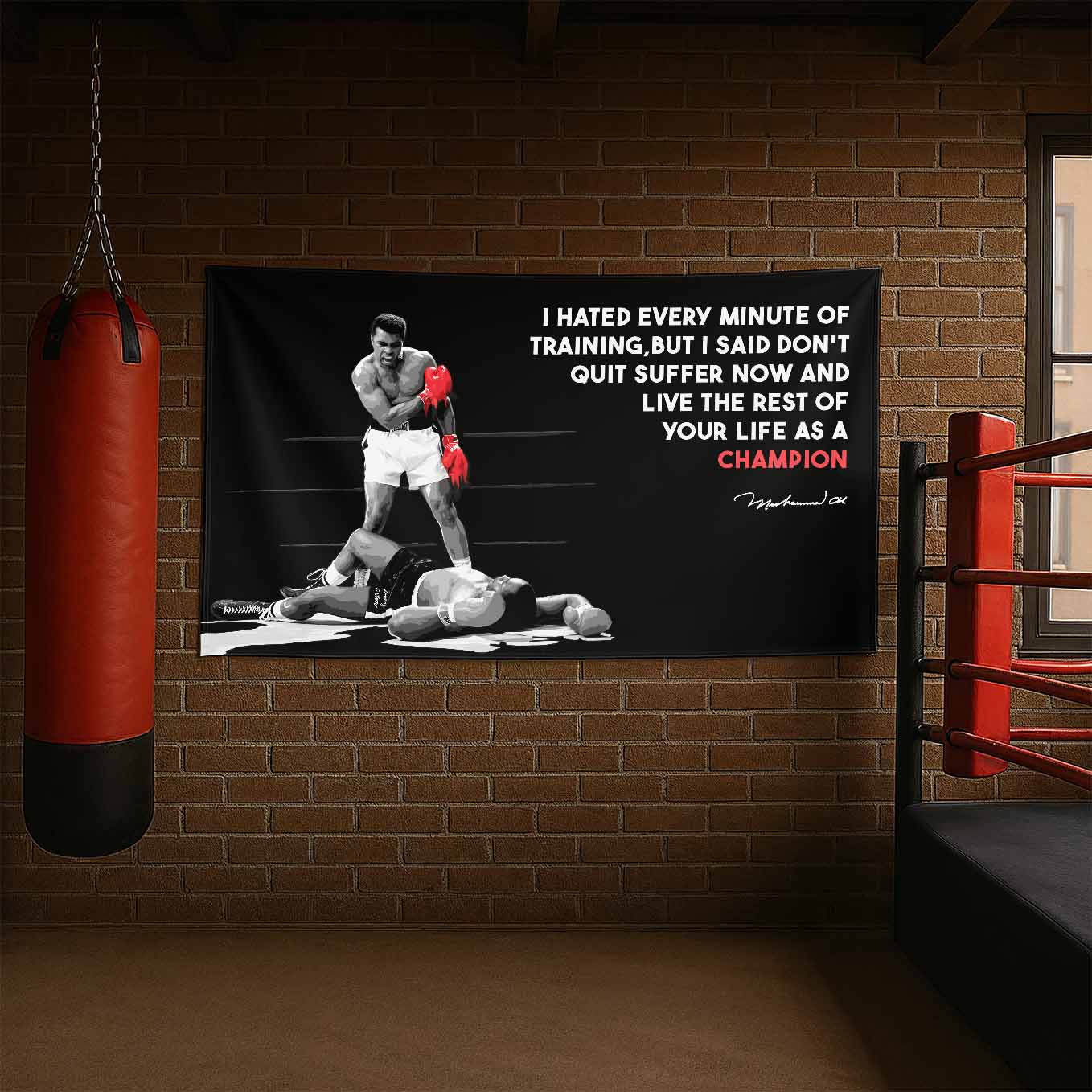 Muhammad Ali Motivational Tapestry - 73x43 Inches Inspirational Wall Hanging, Premium Polyester Fabric, Vivid Print, Machine Washable, Durable and Lightweight for Gym, Office, or Home Décor