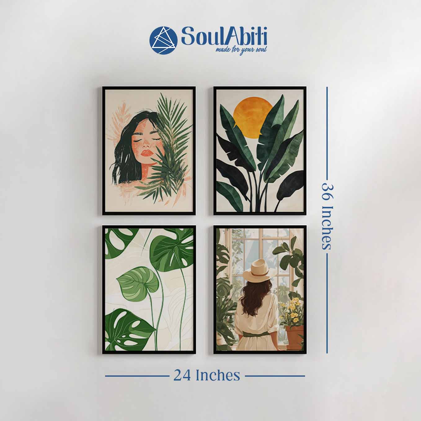 Modern Framed Set of 4 - Portrait Tropical Boho wall art (12x18 inches, black frame, Plexi-glass) - Ready to hang Home Decor for Living Room, Bedroom or Office