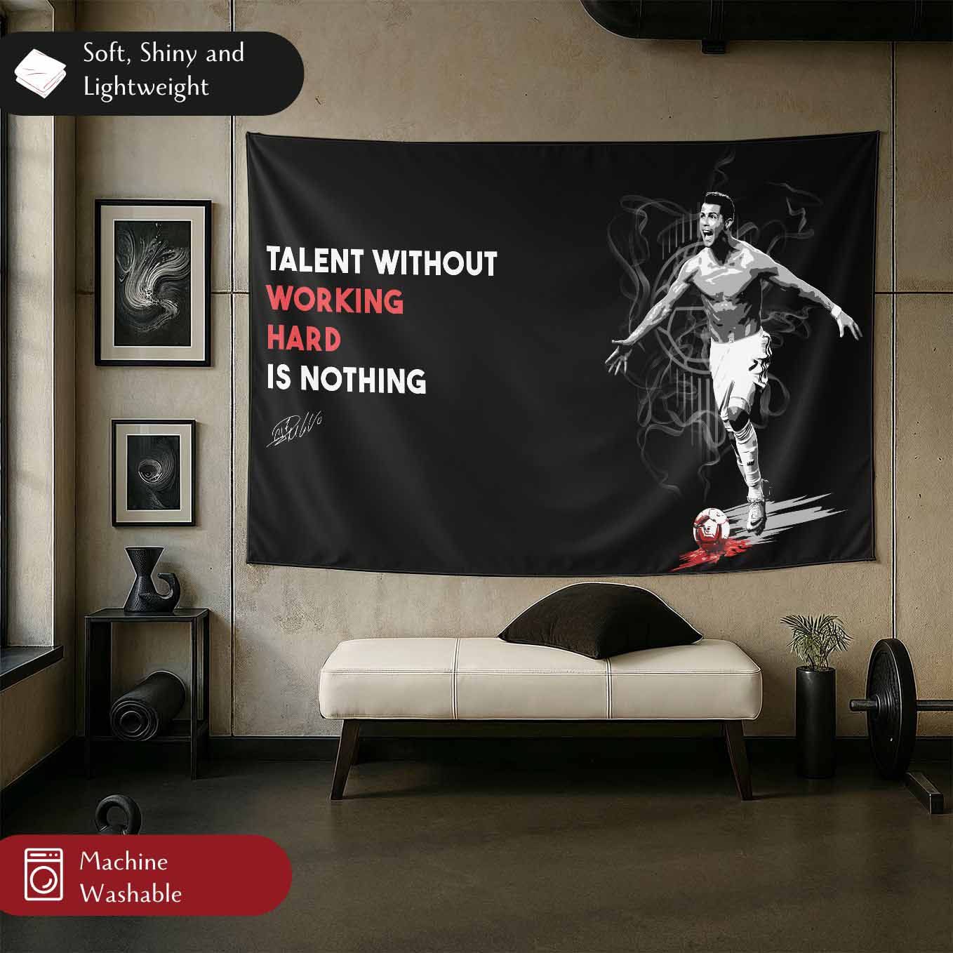 Motivational Cristiano Ronaldo CR7 Soccer Tapestry - 73x43 Inches Inspirational Wall Hanging, Premium Polyester Fabric, Vivid Print, Machine Washable, Durable and Lightweight for Gym, Office, or Home Décor