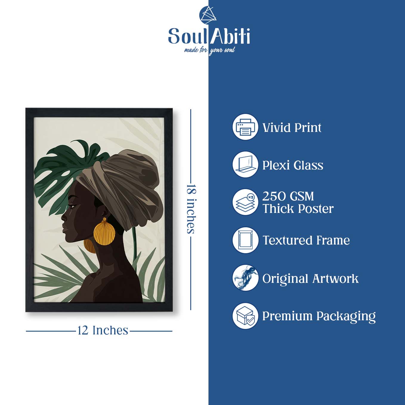 Minimalist Botanical Portrait Art - Set of 3 Framed Prints | African Woman & Foliage Aesthetic Wall Decor for Living Room & Office