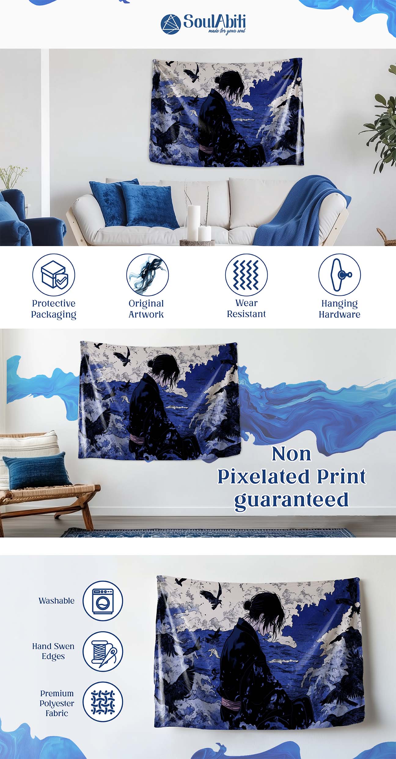 Gojo Satoru Anime Tapestry Wall Hanging – Vivid Jujutsu Kaisen Tapestries for Bedroom Living Room (73x43 inch) Premium Polyester Fabric Banner