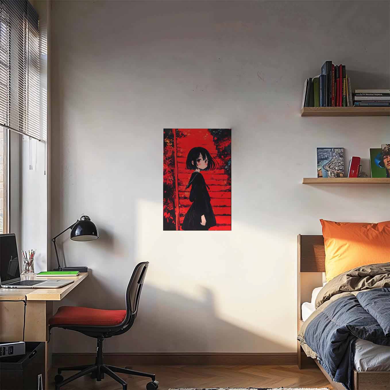 Anime Girl Red Stairs Poster - Japanese Aesthetic Wall Art 370 GSM with Double Side Tape Ready to Stick Wall Decor
